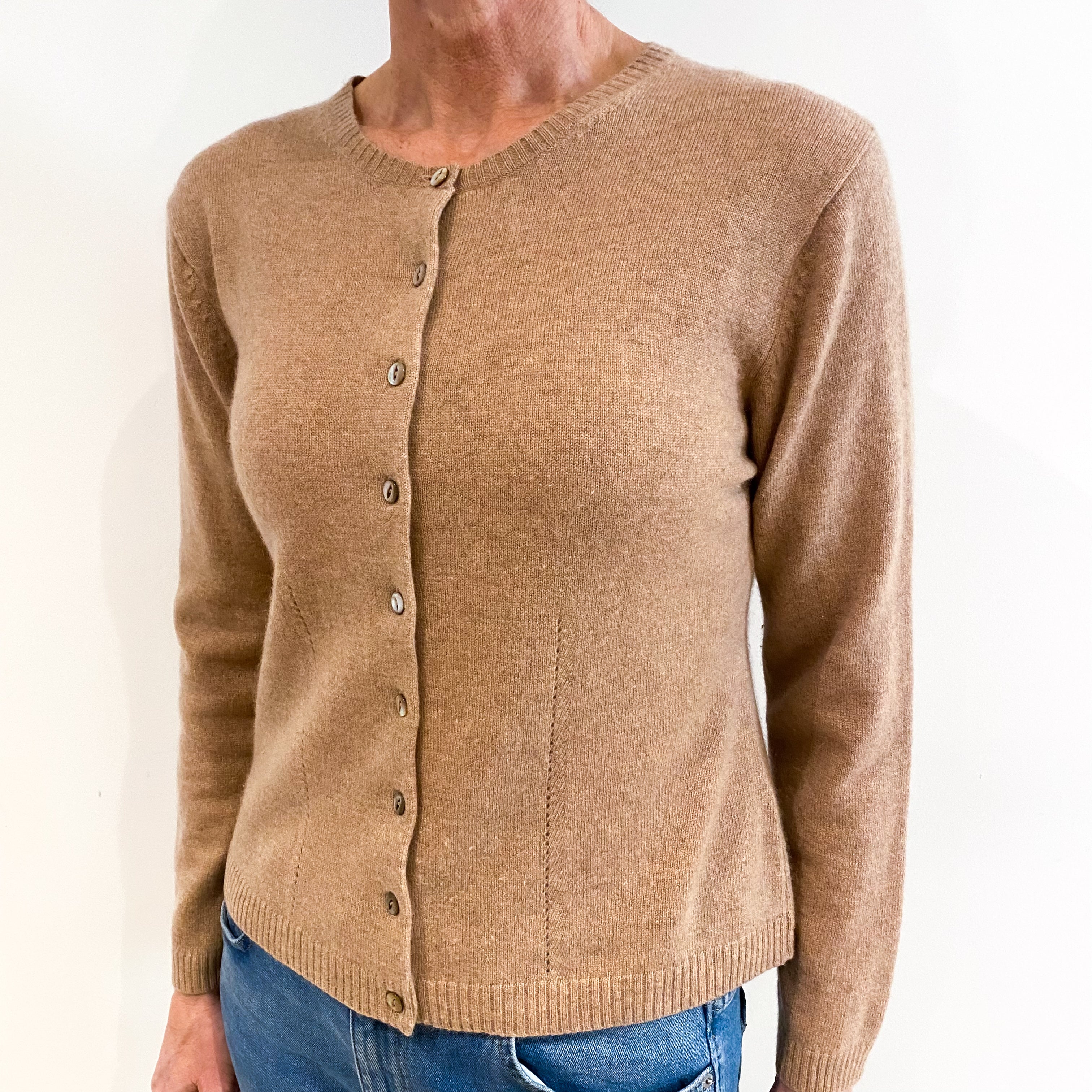 Camel Brown Cashmere Crew Neck Cardigan Small