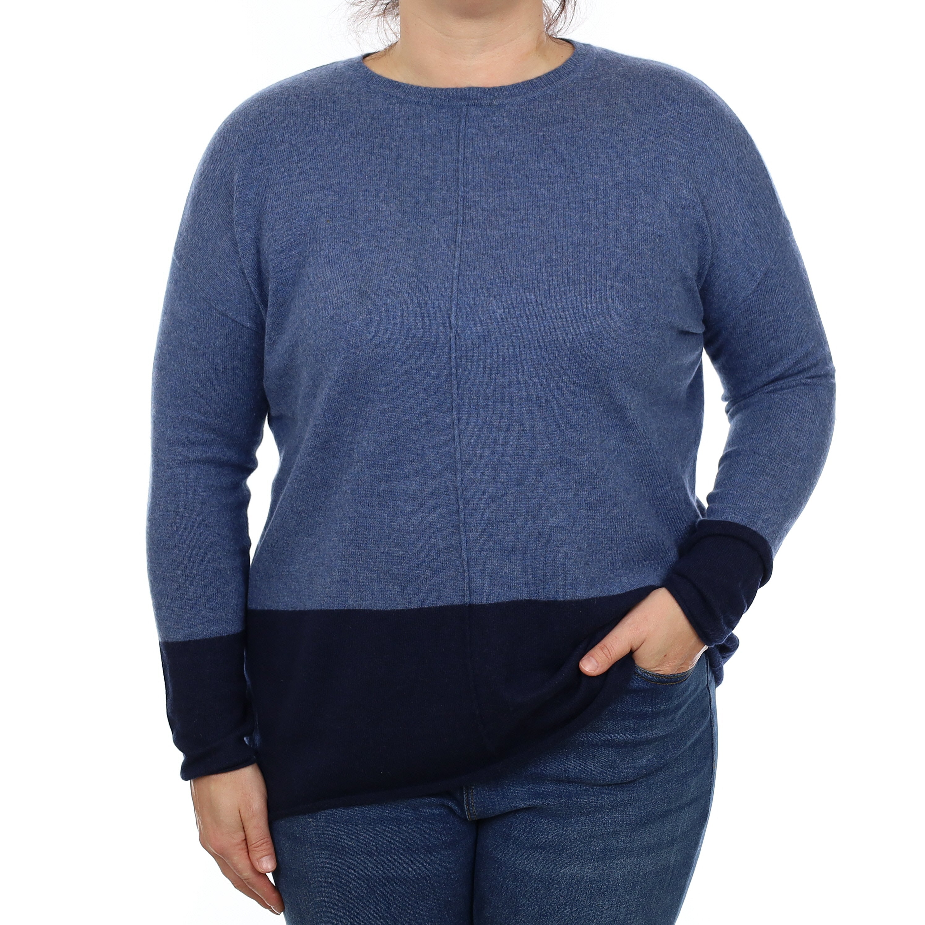 Denim Blue and Navy Cashmere Slouchy Crew Neck Jumper Large