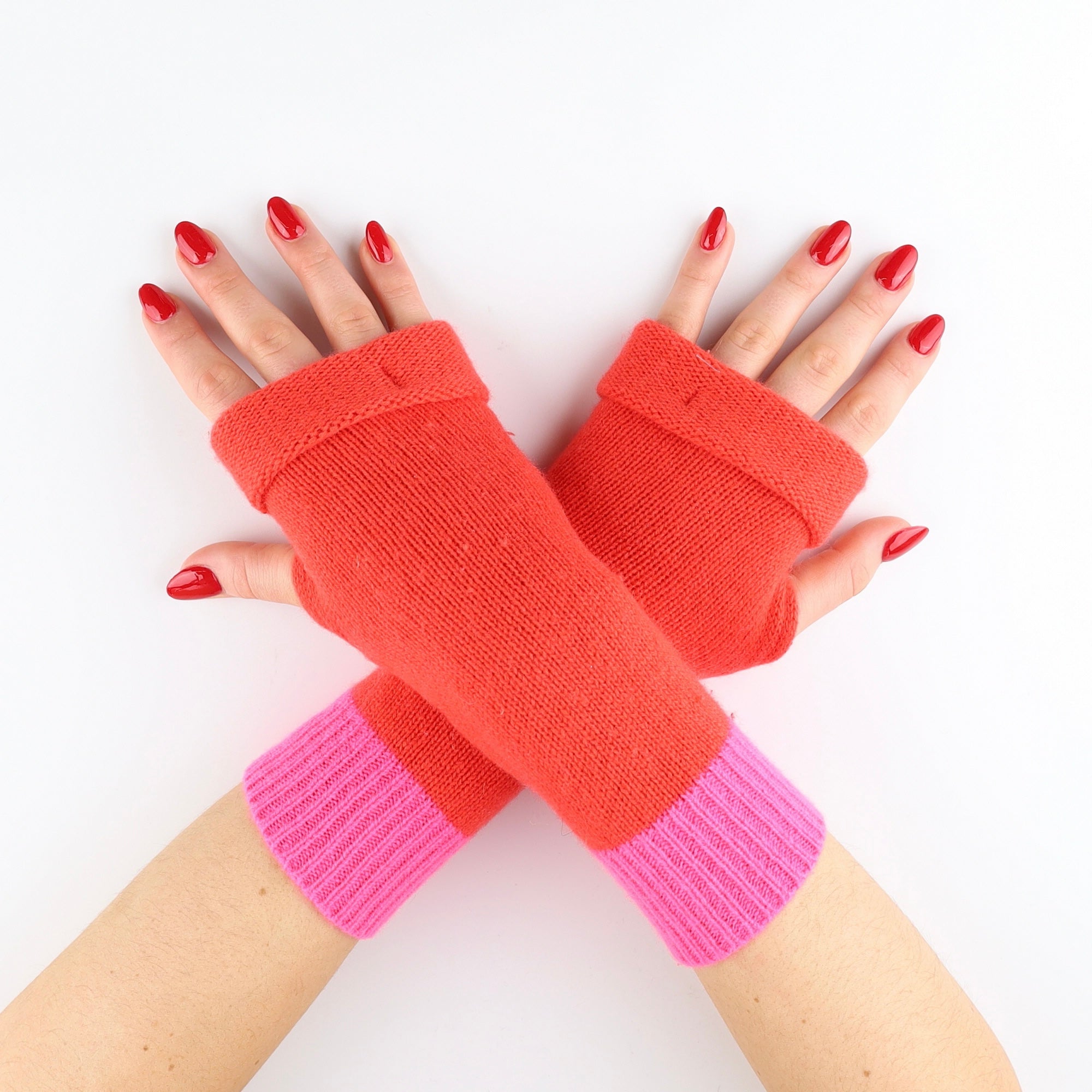 Bright Red and Neon Pink Block Colour Fingerless Gloves
