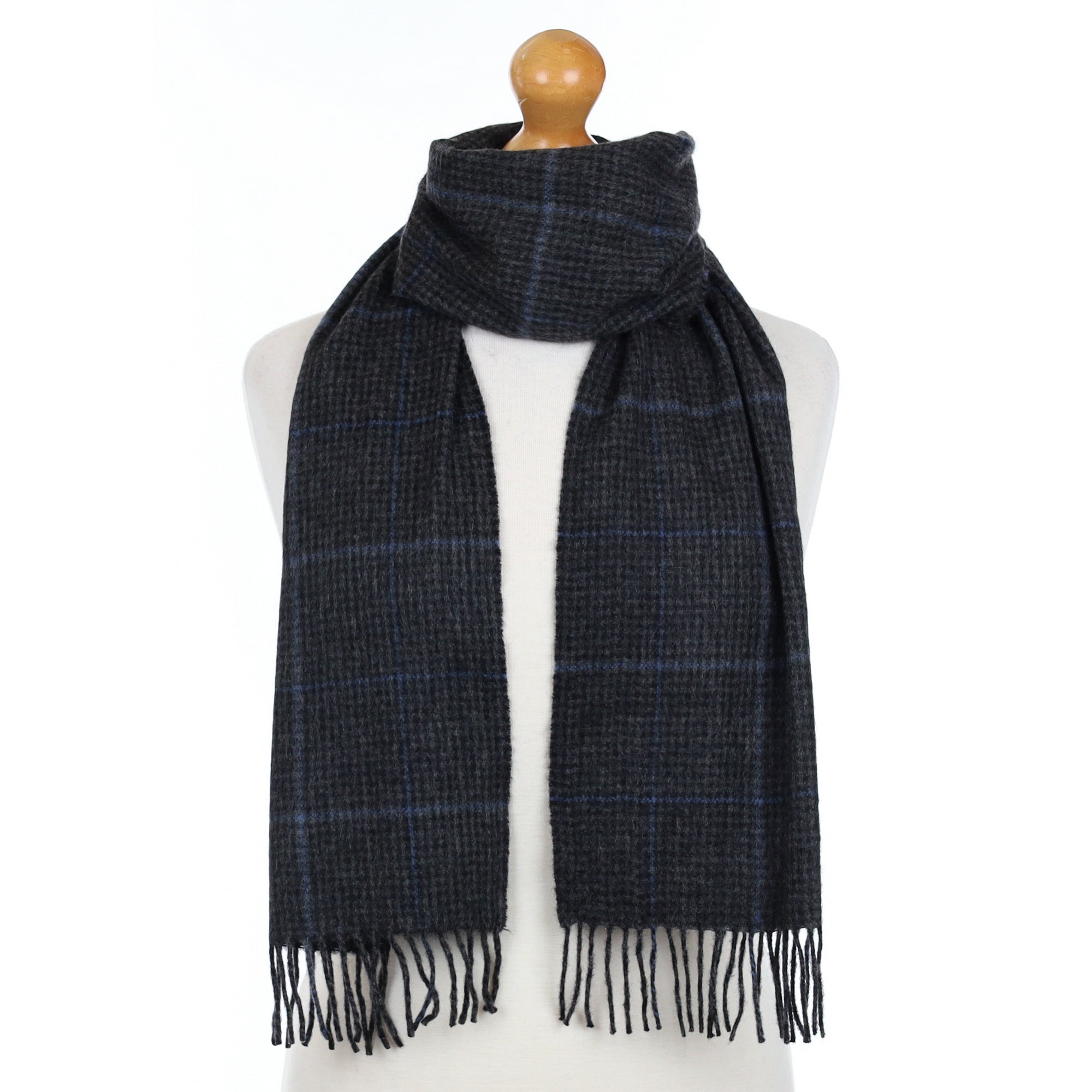 Charcoal Blue Check Cashmere Fringed Woven Scarf