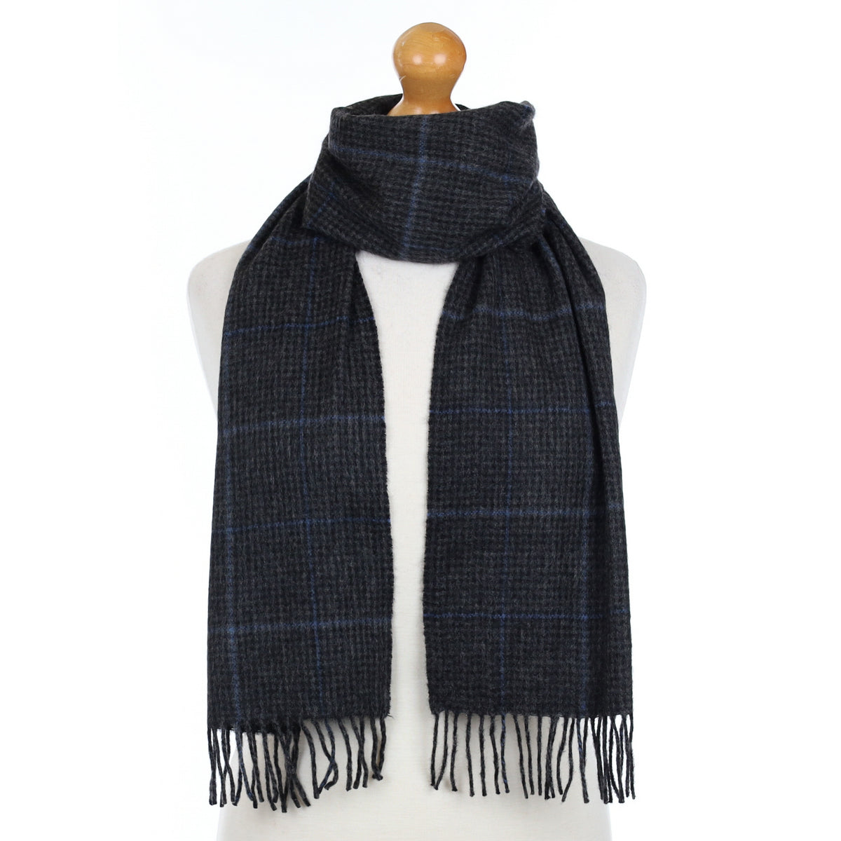 Charcoal Blue Check Cashmere Fringed Woven Scarf