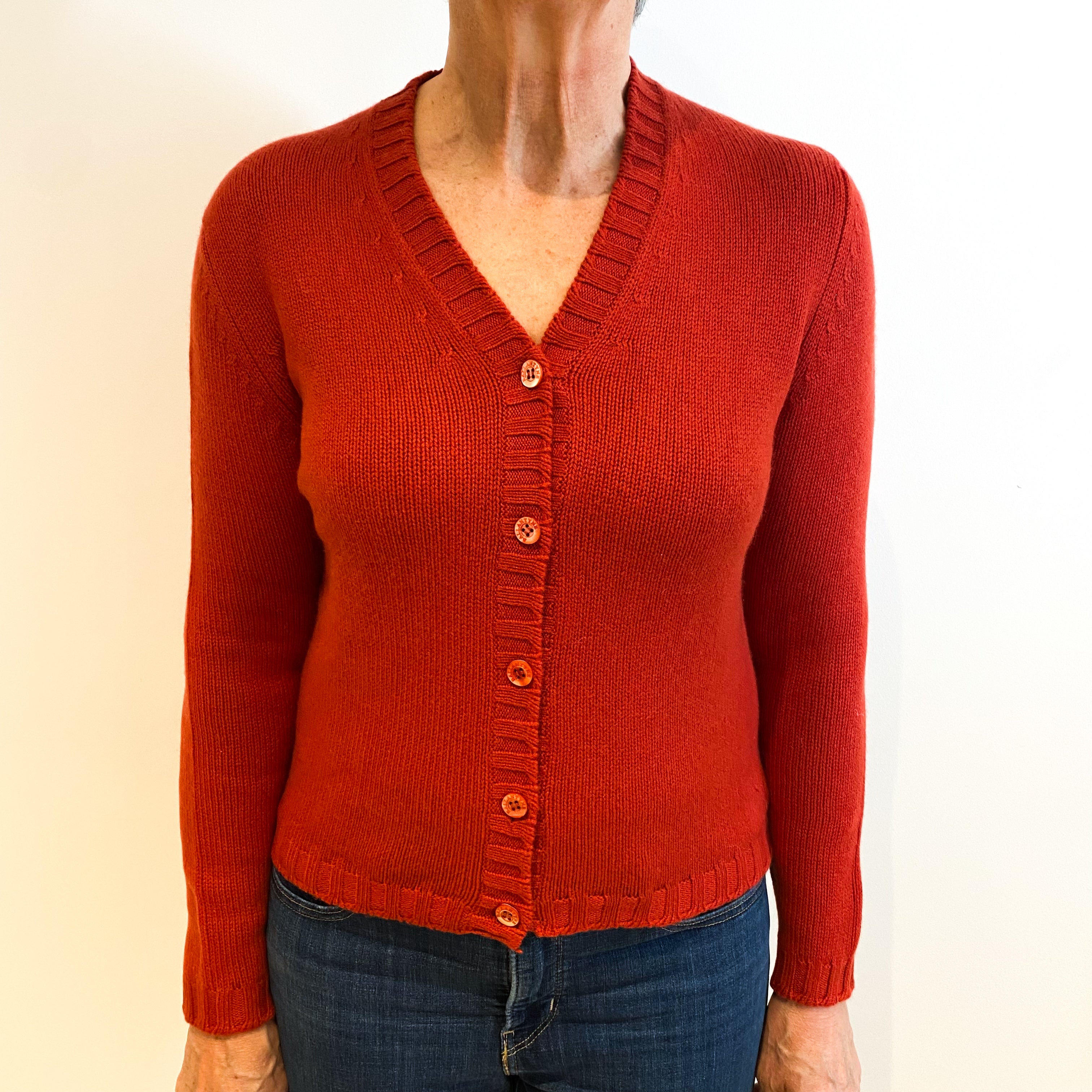 Scottish Rust Red Cashmere V Neck Cardigan Medium