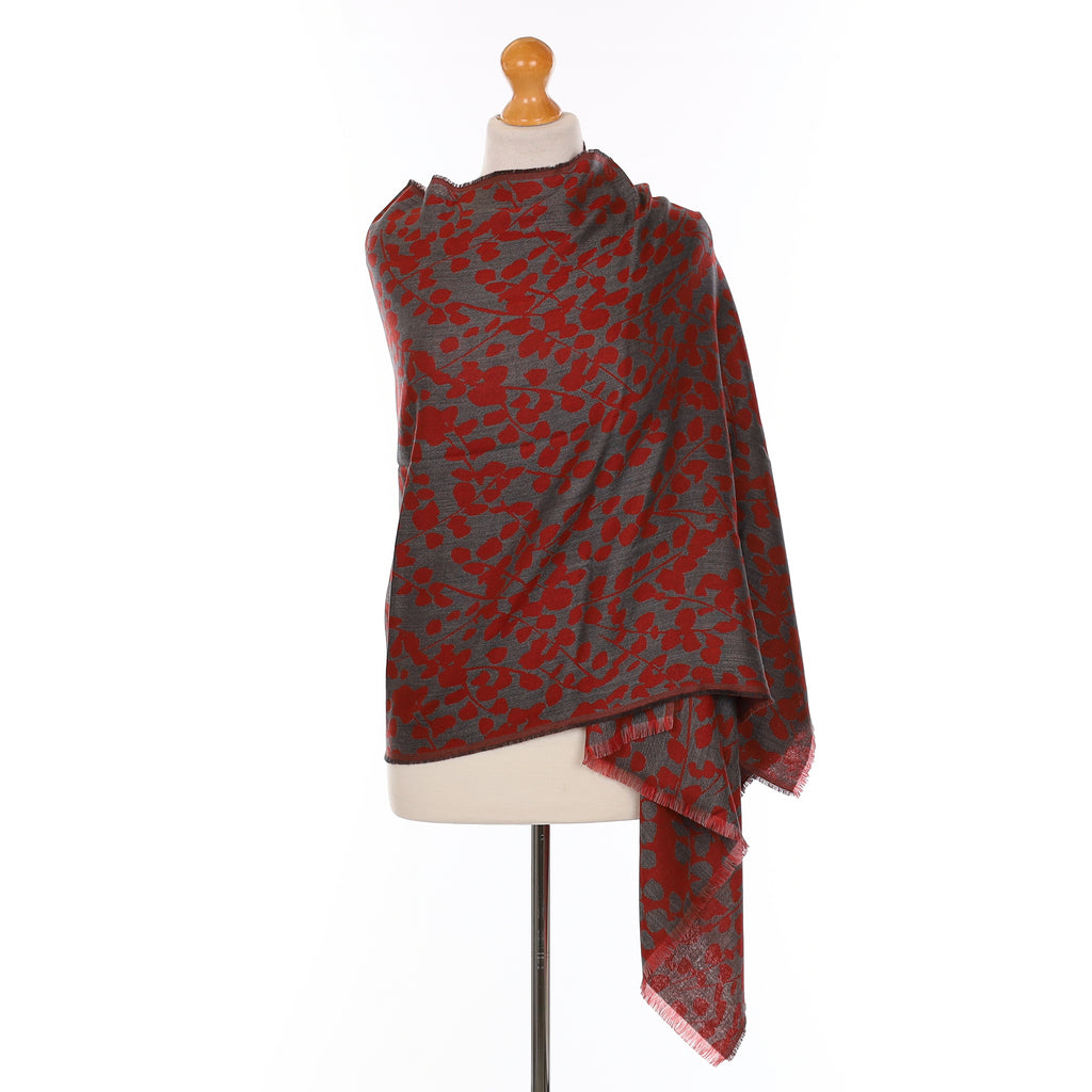 Brand New Begg & Co Brick Red and Grey Floral Cashmere Blend Woven Wrap