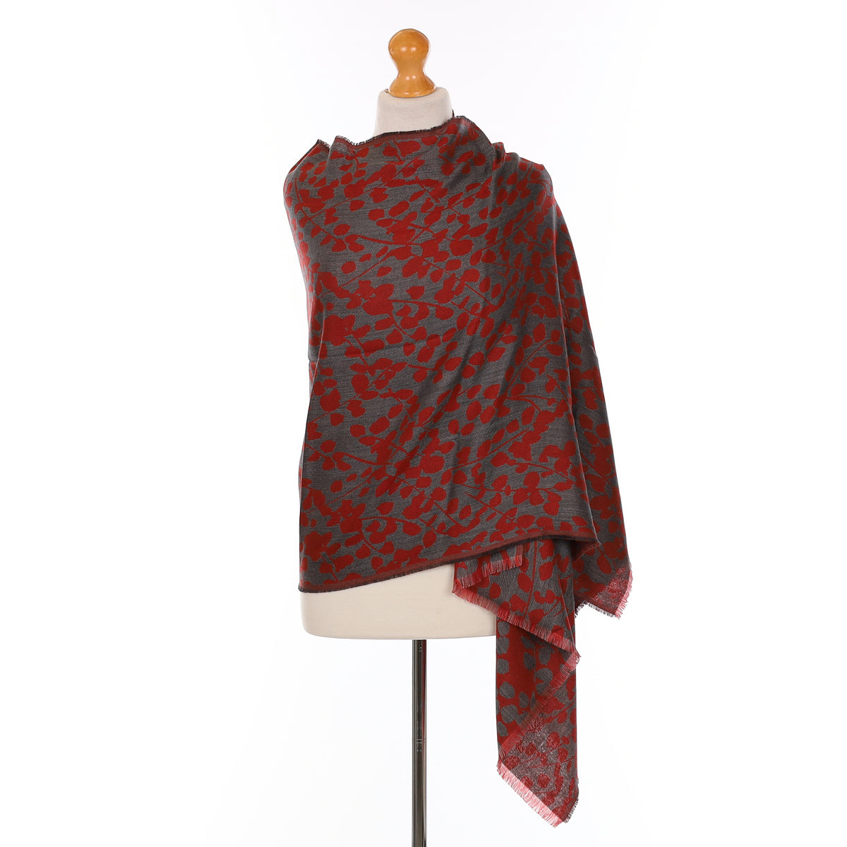 Brand New Begg & Co Brick Red and Grey Floral Cashmere Blend Woven Wrap