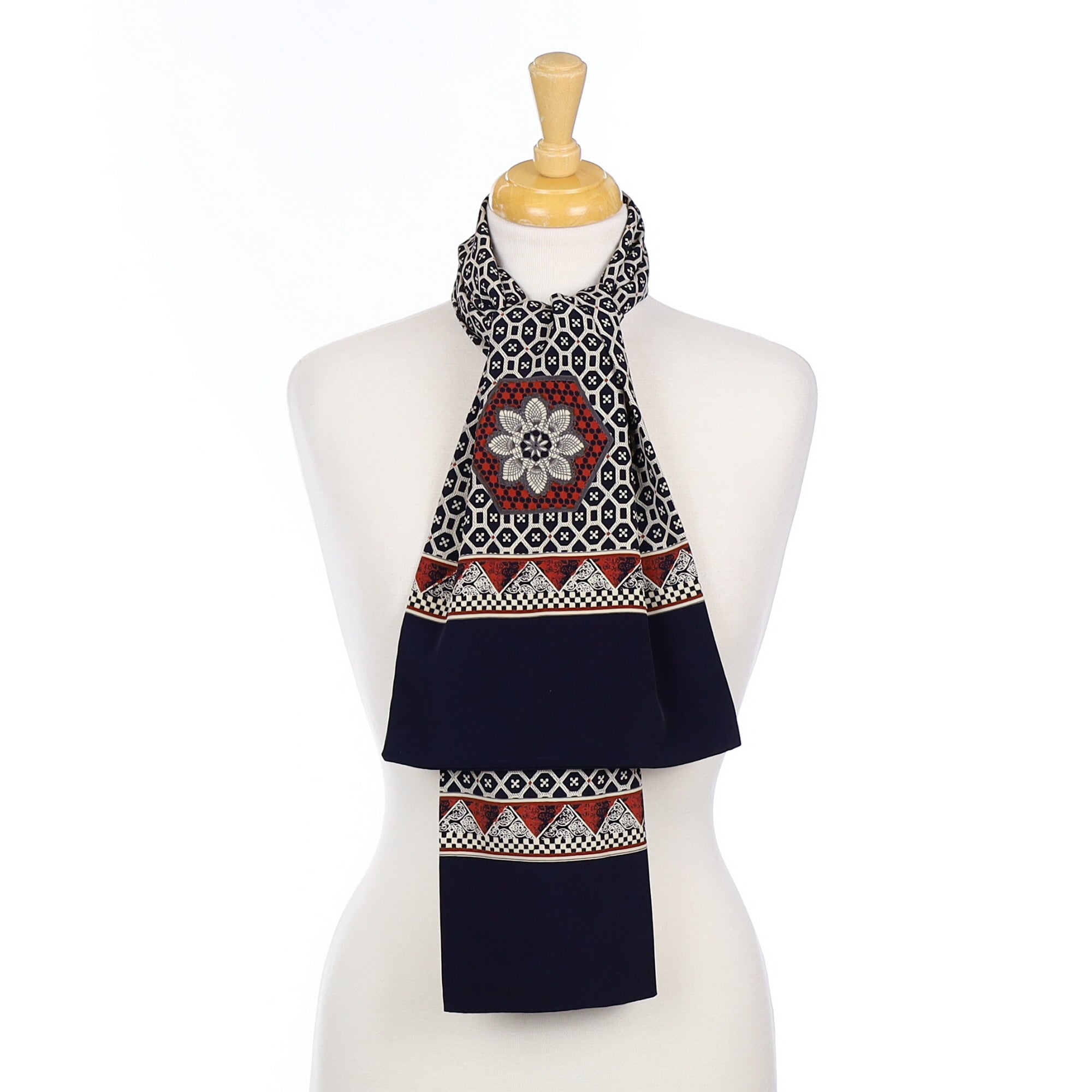 Navy and Brown Patterned Long Silk Scarf