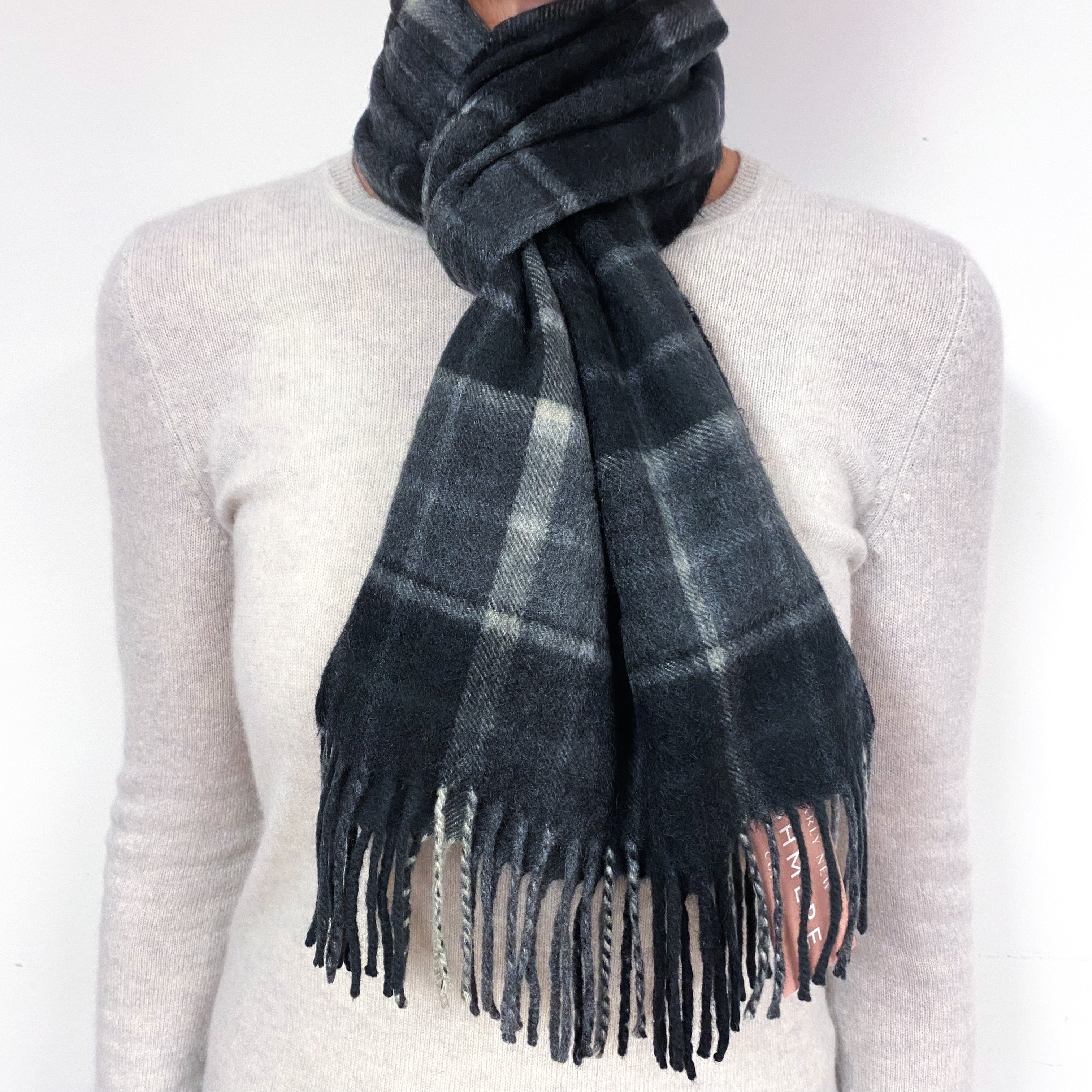 Slate Grey Tartan Fringed Cashmere Woven Scarf