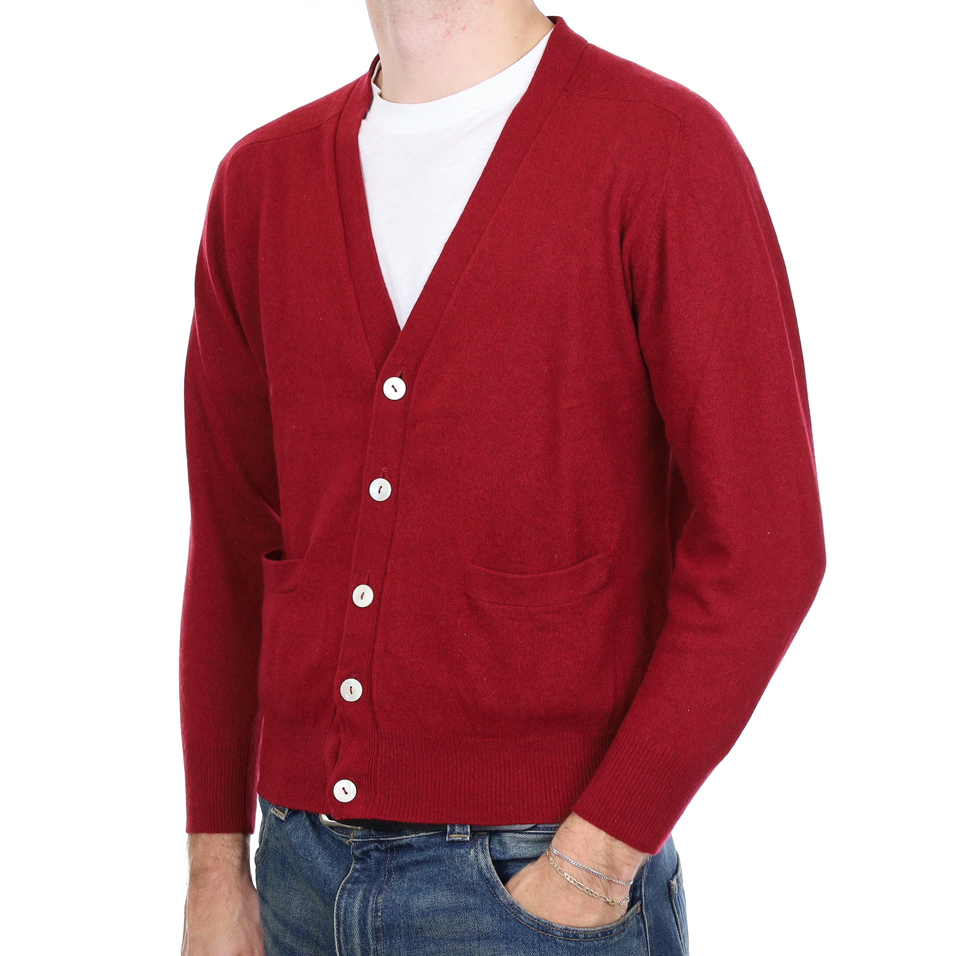 Men’s Crimson Red Cashmere V Neck Cardigan with Pockets Medium