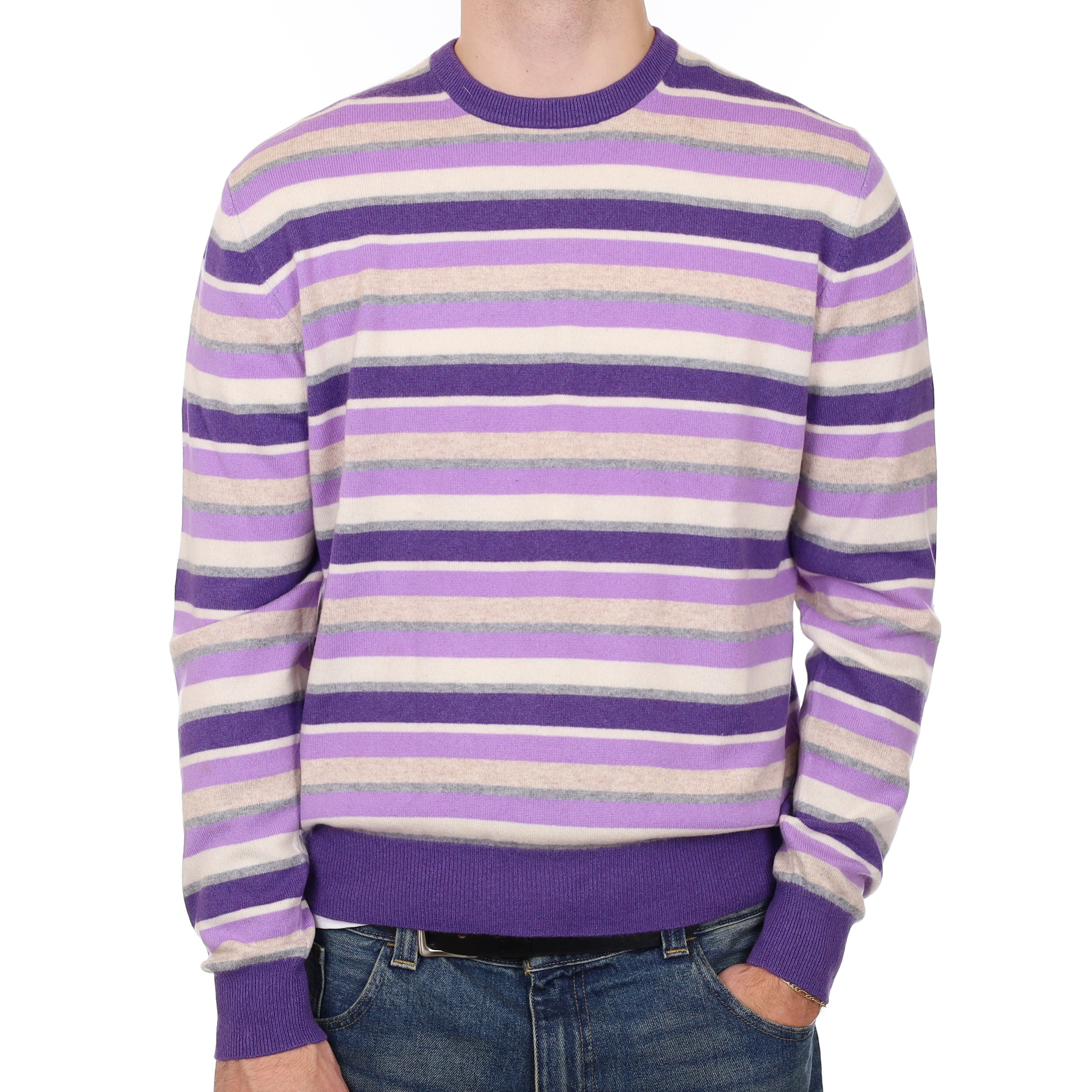 Men’s Purple Striped Cashmere Crew Neck Jumper Large