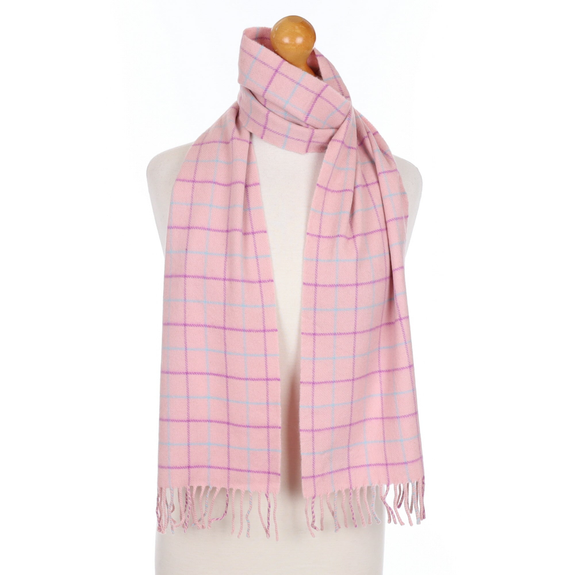 Pale Pink and Purple Check Cashmere Tasselled Woven Scarf