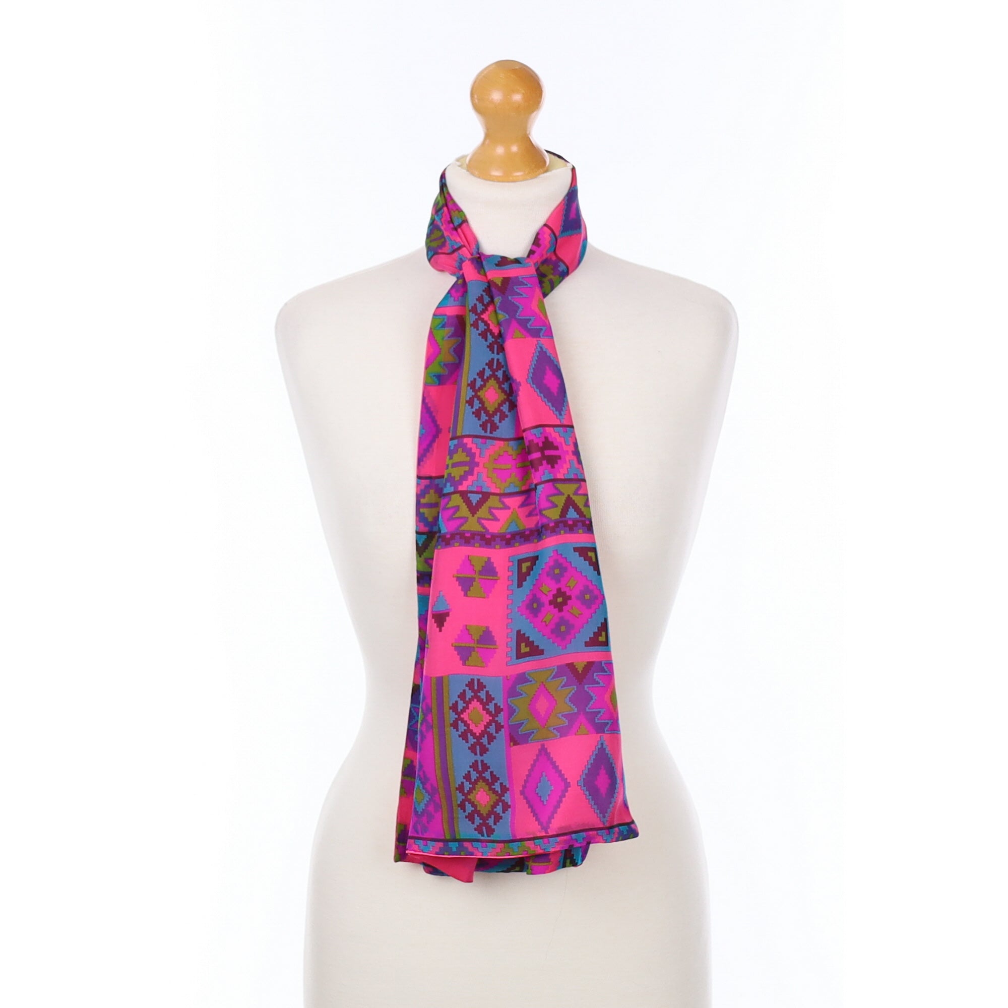 Pink and Turquoise Aztec Design Silk Scarf