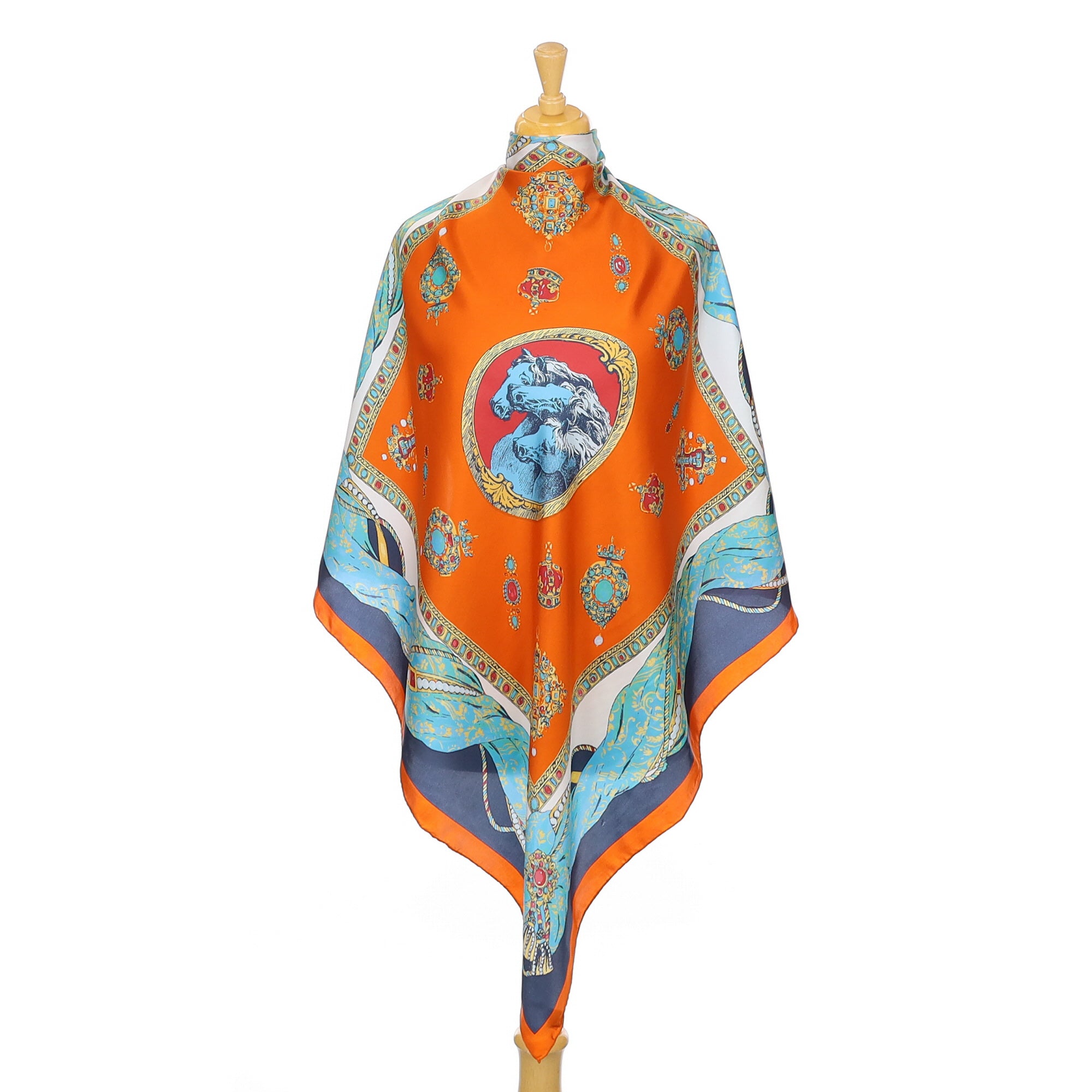 Orange and Blue Patterned Vintage Silk Scarf