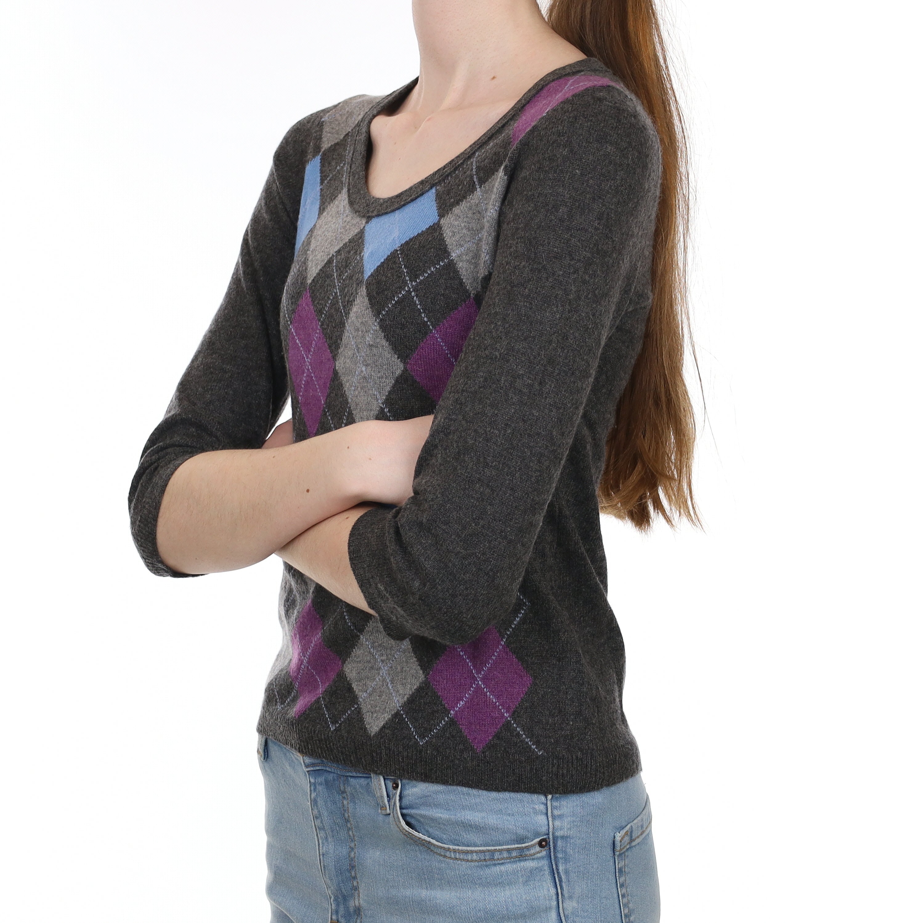 Grey Purple Argyle Cashmere 3/4 Sleeve Crew Neck Jumper Extra Small