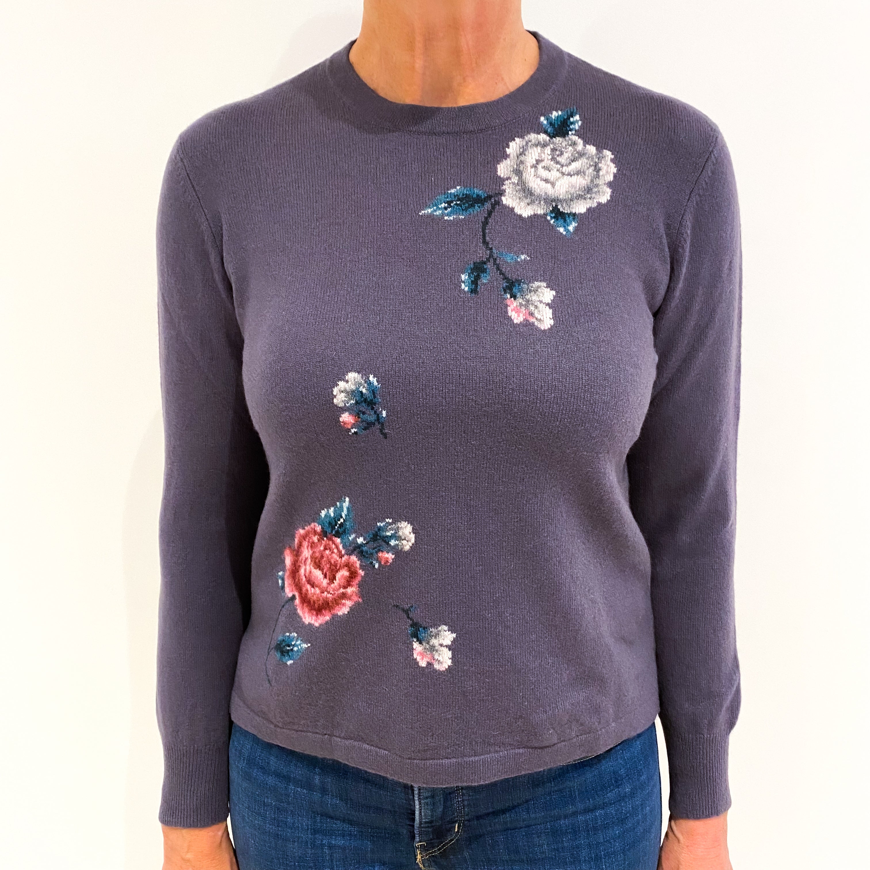 Slate Purple Floral Cashmere Crew Neck Jumper Medium