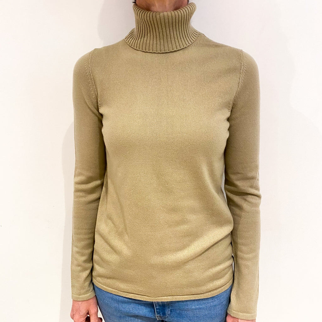 Italian Pale Khaki Green Cashmere Polo Neck Jumper Small