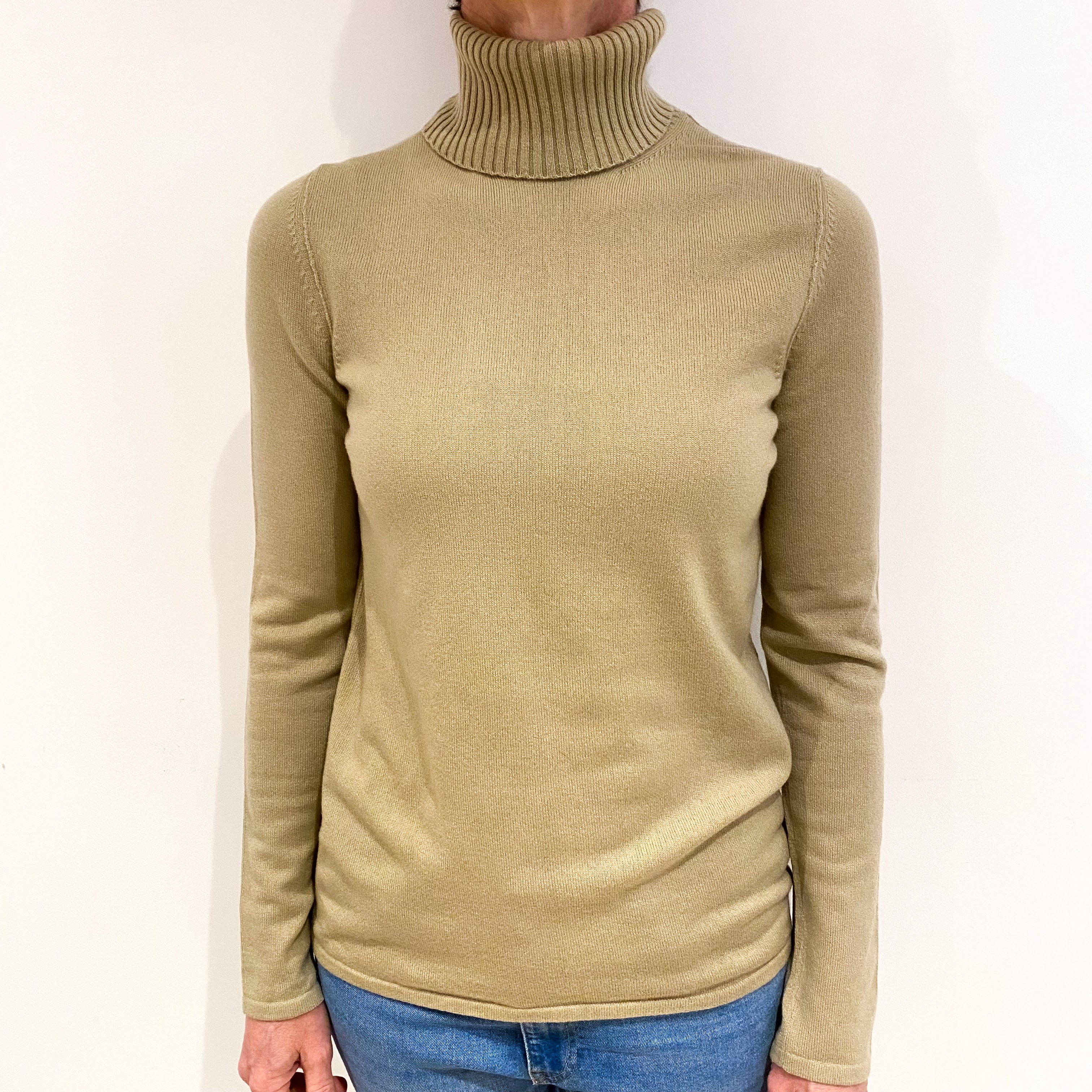 Italian Pale Khaki Green Cashmere Polo Neck Jumper Small