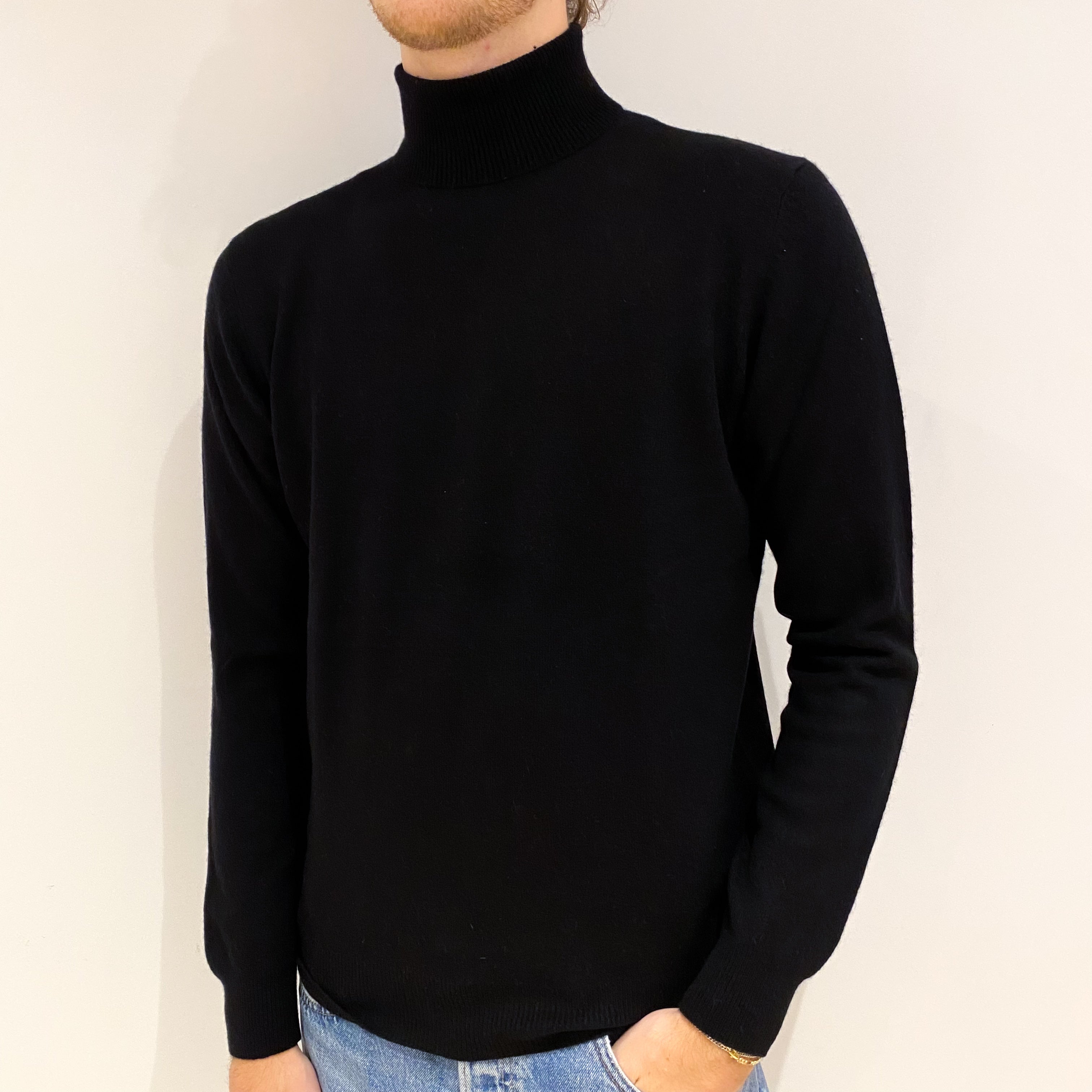 Men's Black Cashmere Polo Neck Jumper Medium