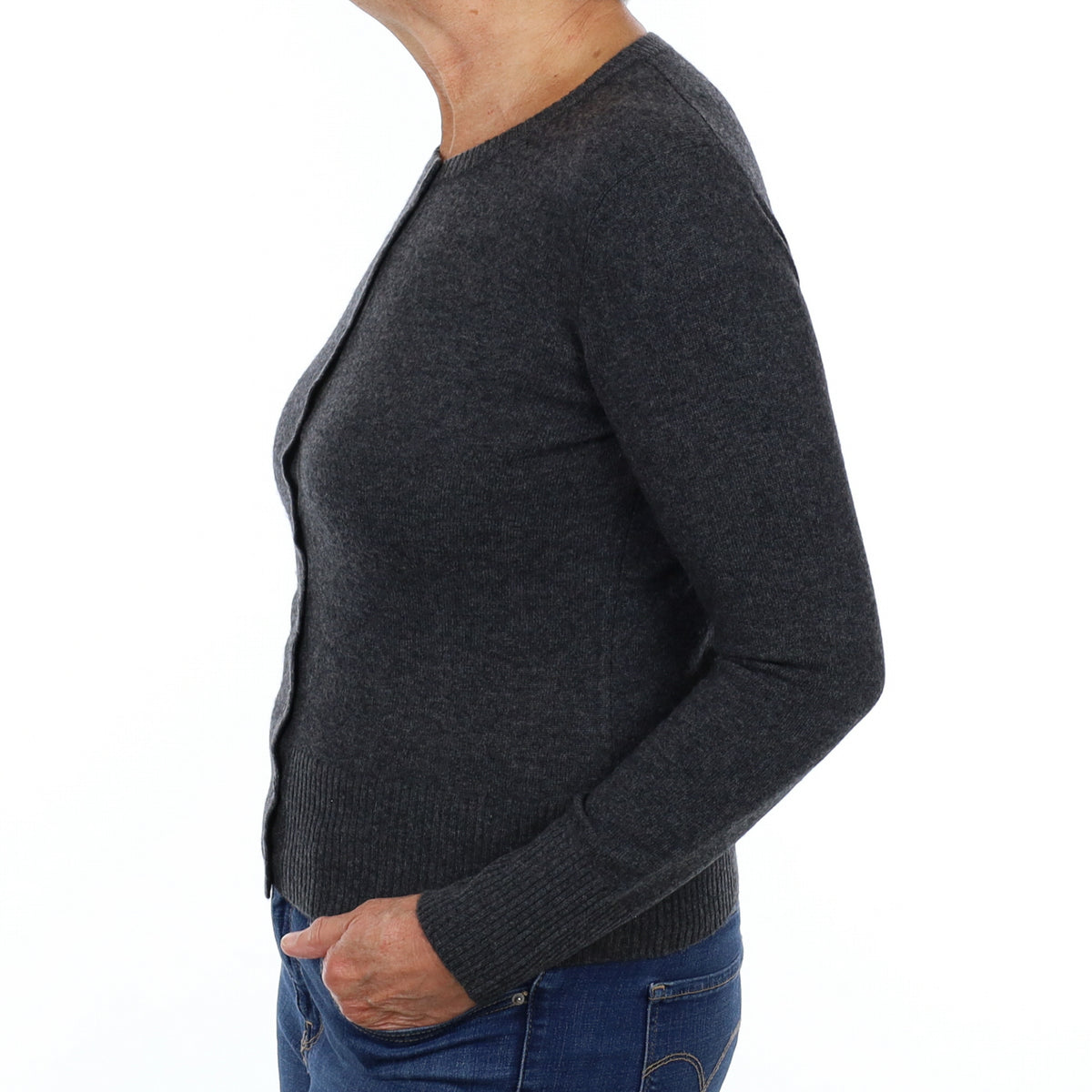 New Charcoal Grey Cashmere Crew Neck Cardigan Medium