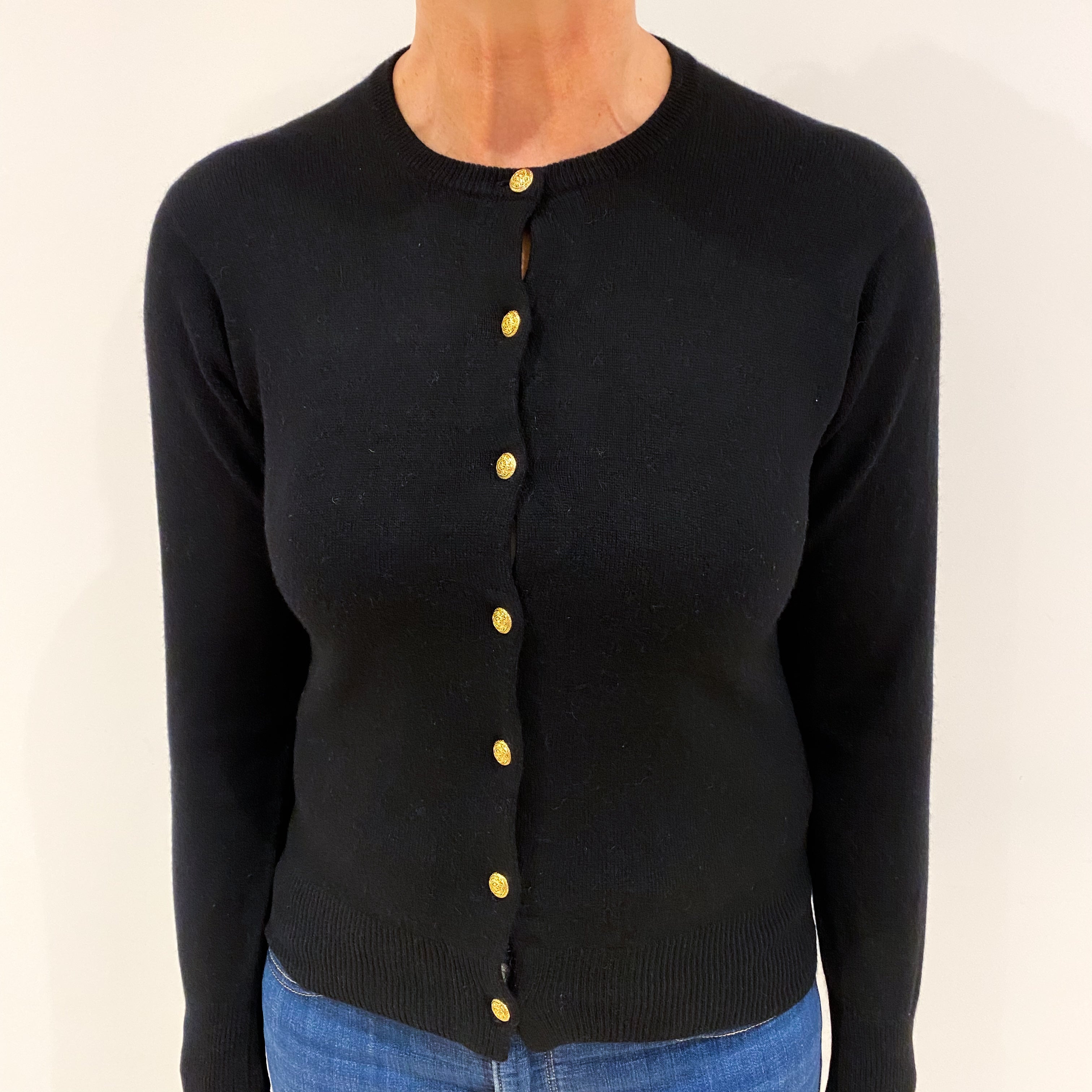 Black Cashmere Crew Neck Cardigan Medium