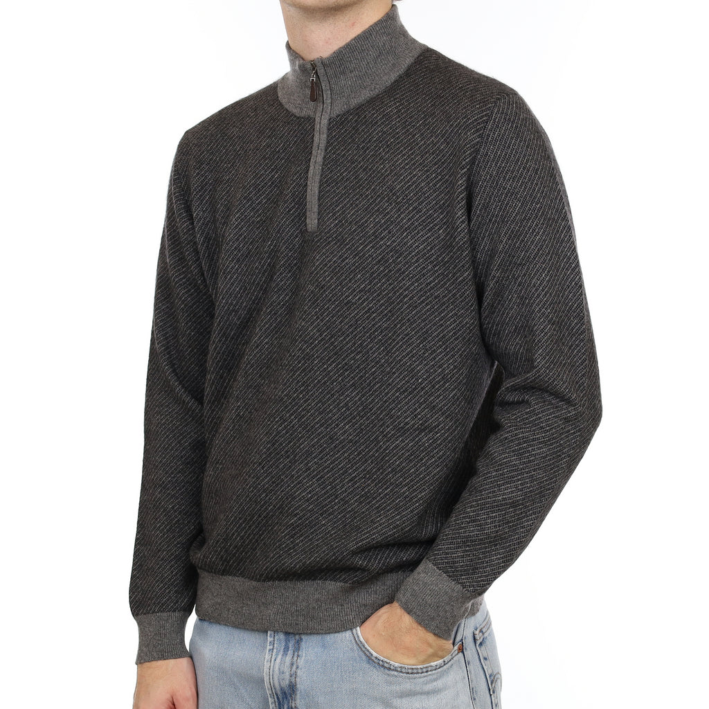 Men's Charcoal Grey Striped Cashmere 1/4 Zip Jumper Large