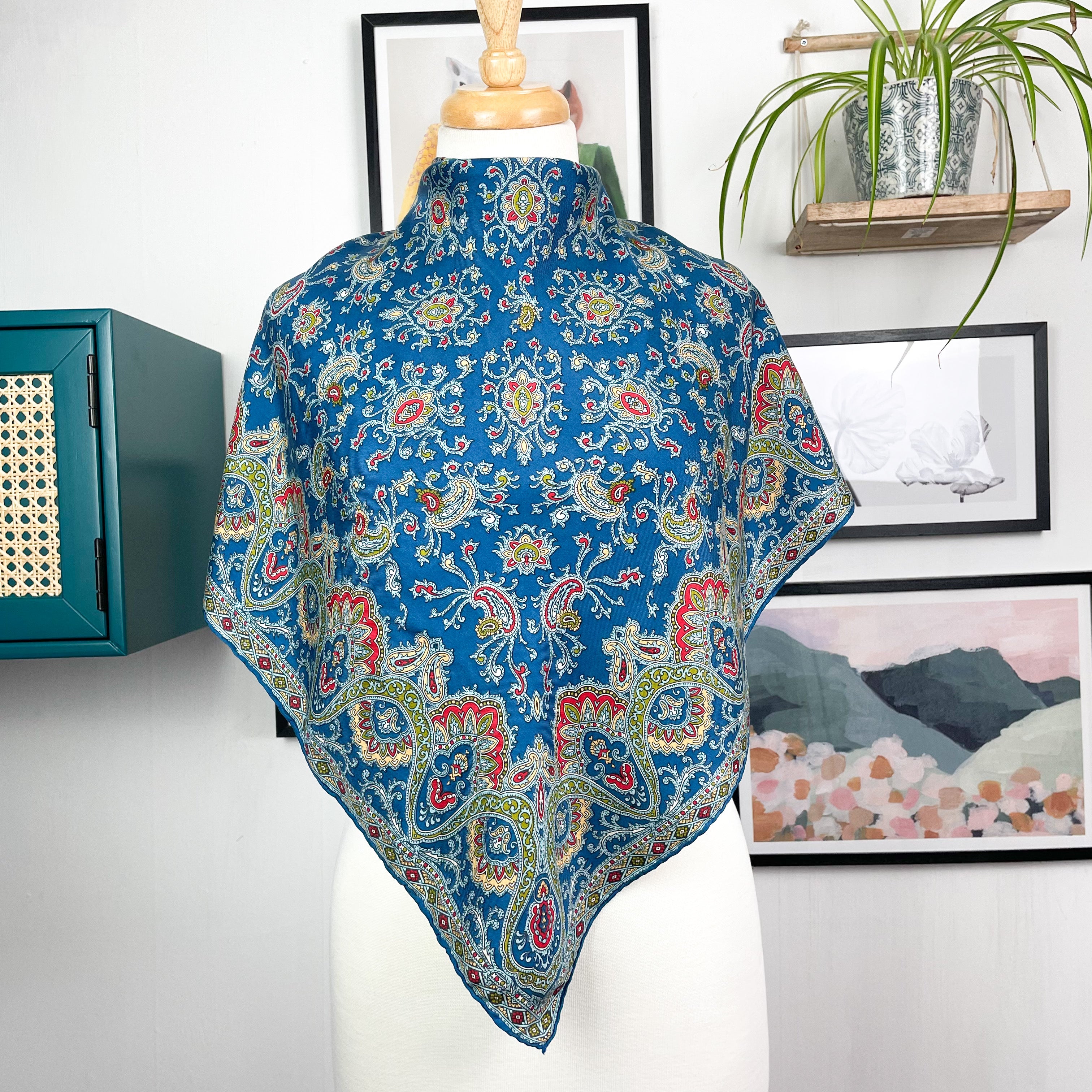1960s Teal Paisley Vintage Silk Scarf