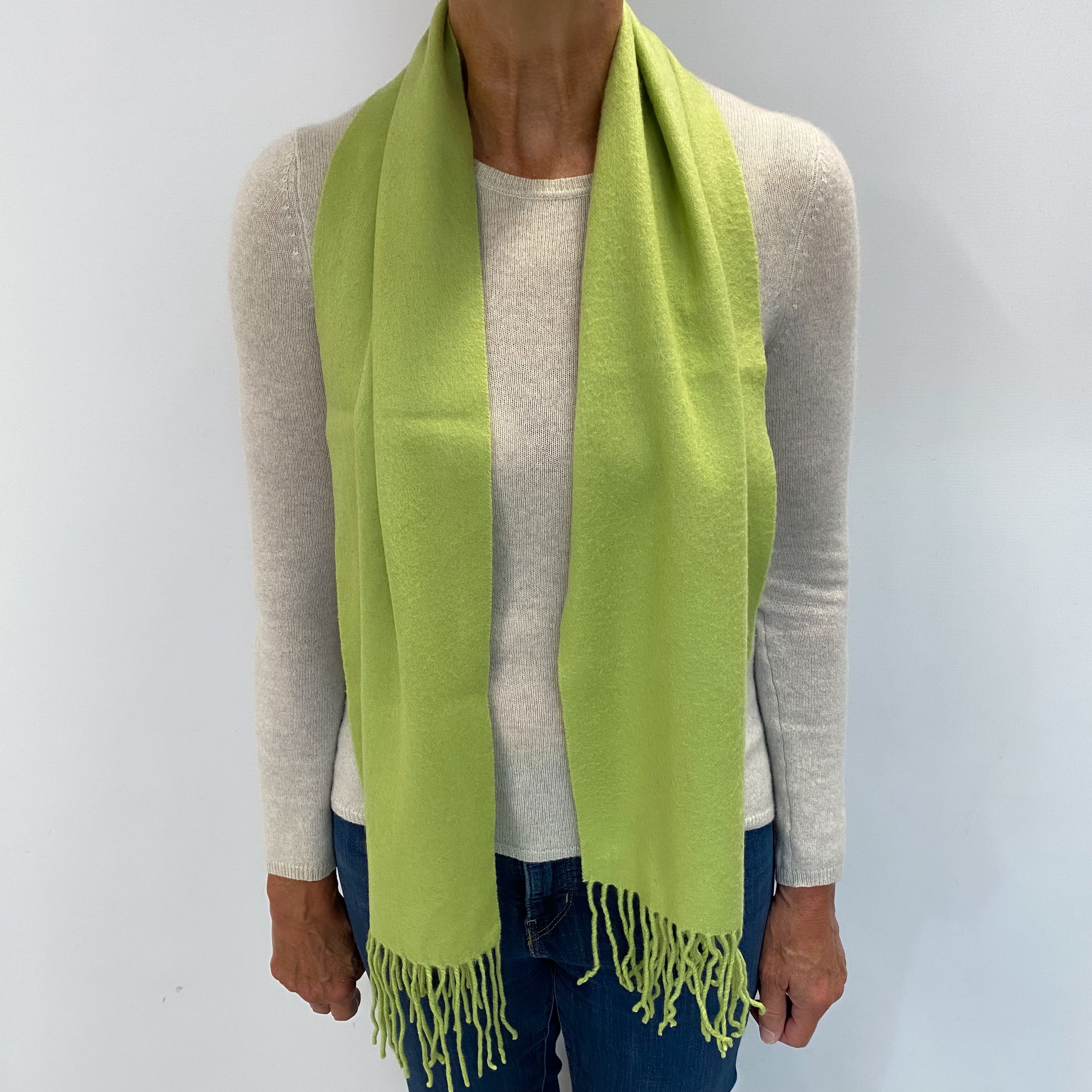 Bright Pistachio Green Cashmere Woven Fringed Scarf