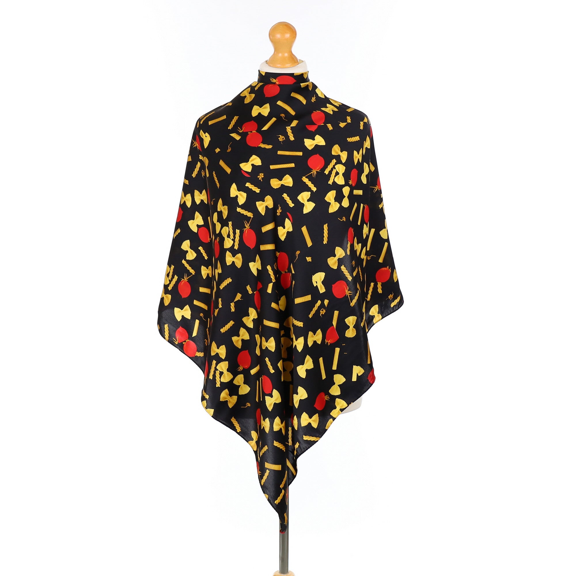 Black Pasta and Tomato Design Vintage Silk Scarf