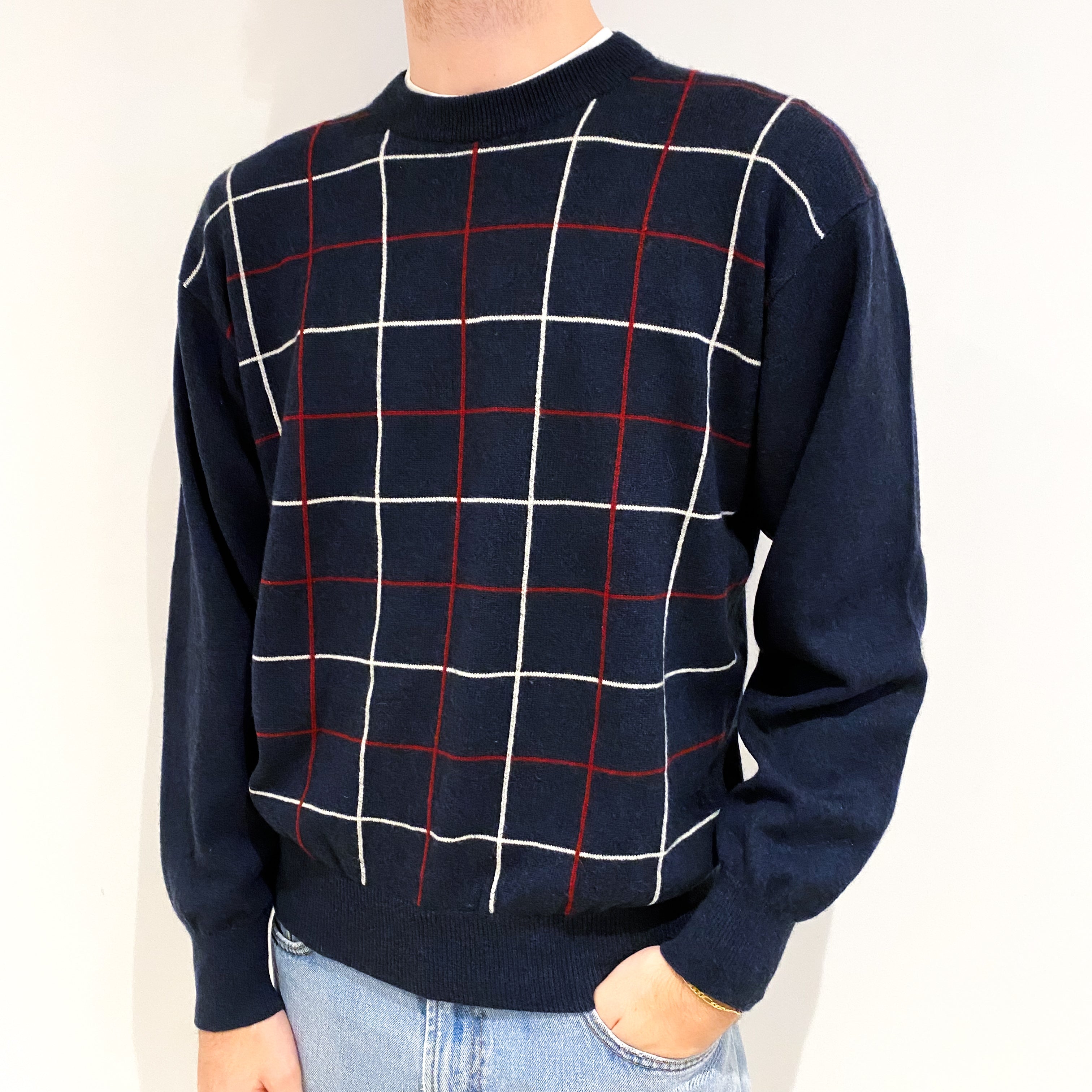 Men’s Vintage Burberry Dark Navy Cashmere With Red And White Design Turtle Neck Jumper Large