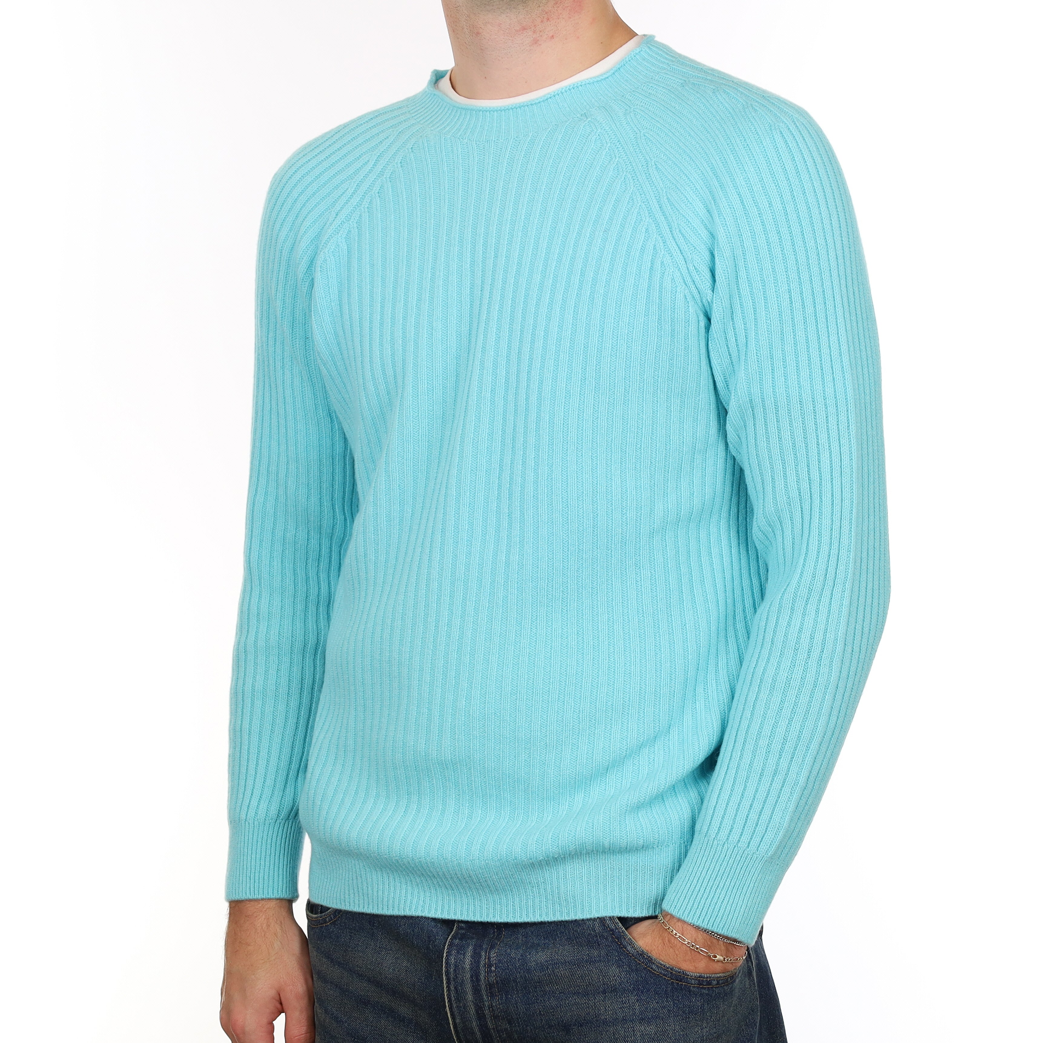 Men’s Brand New Scottish Aqua Ribbed Cashmere Crew Neck Jumper Medium