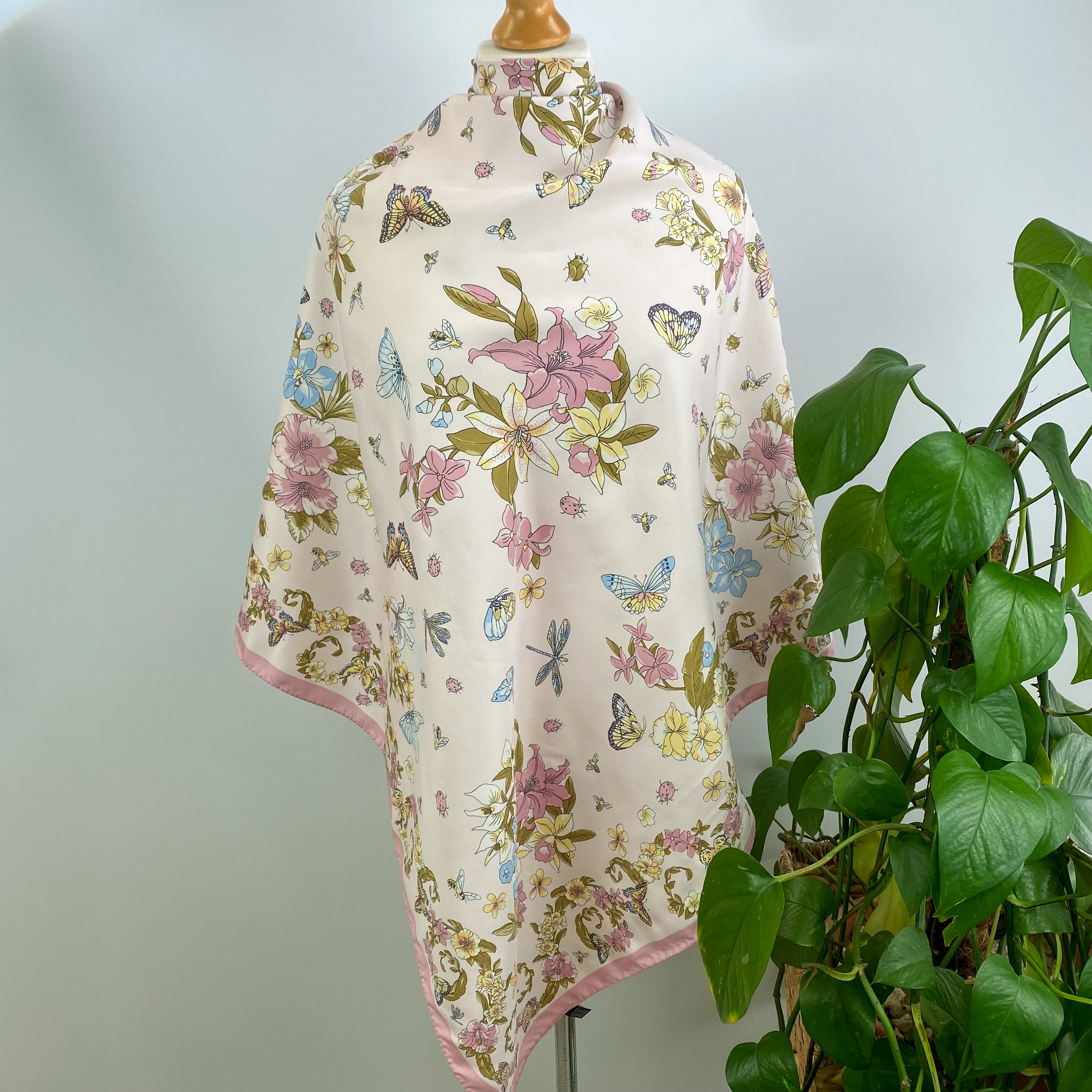 Butterfly and Floral Pastel Vintage Silk Scarf