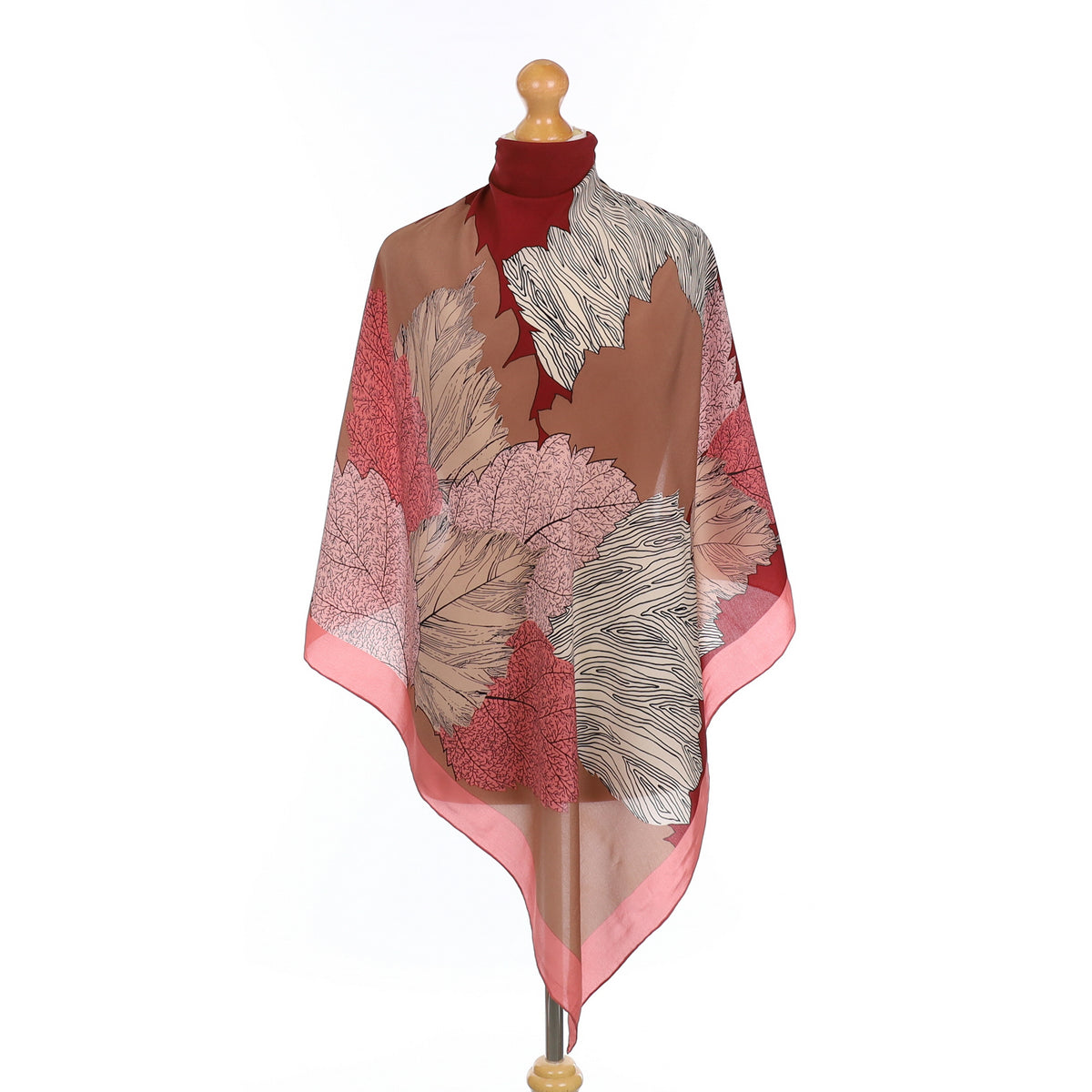 Lorendano Pink Leaf Design Vintage Silk Scarf