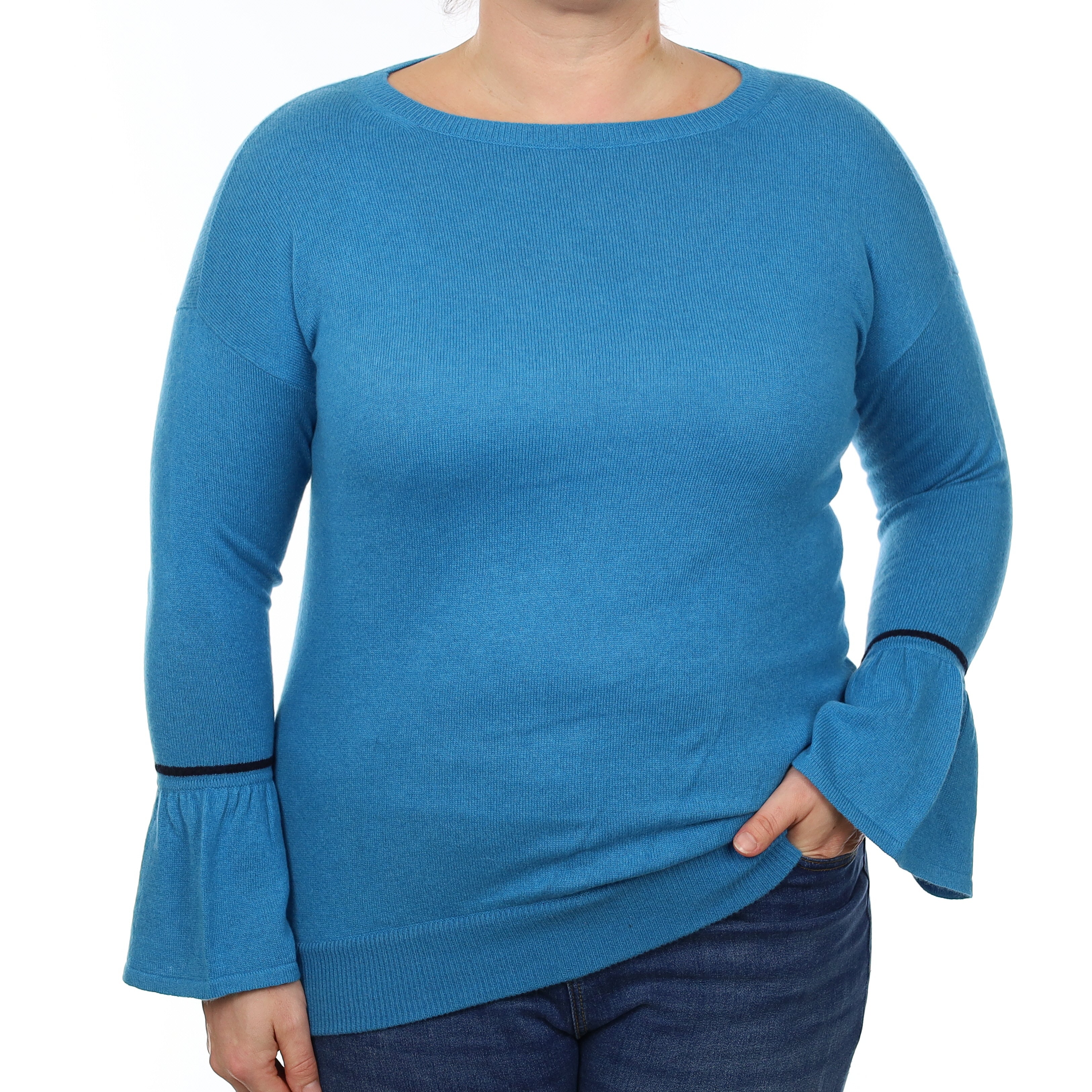 Italian Mediterranean Blue Cashmere Bell Sleeve Crew Neck Jumper Large