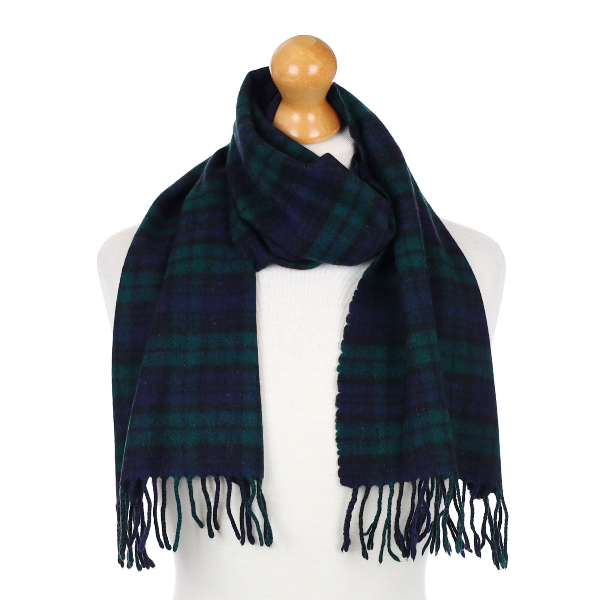 Navy and Green Tartan Fringed Cashmere Woven Scarf
