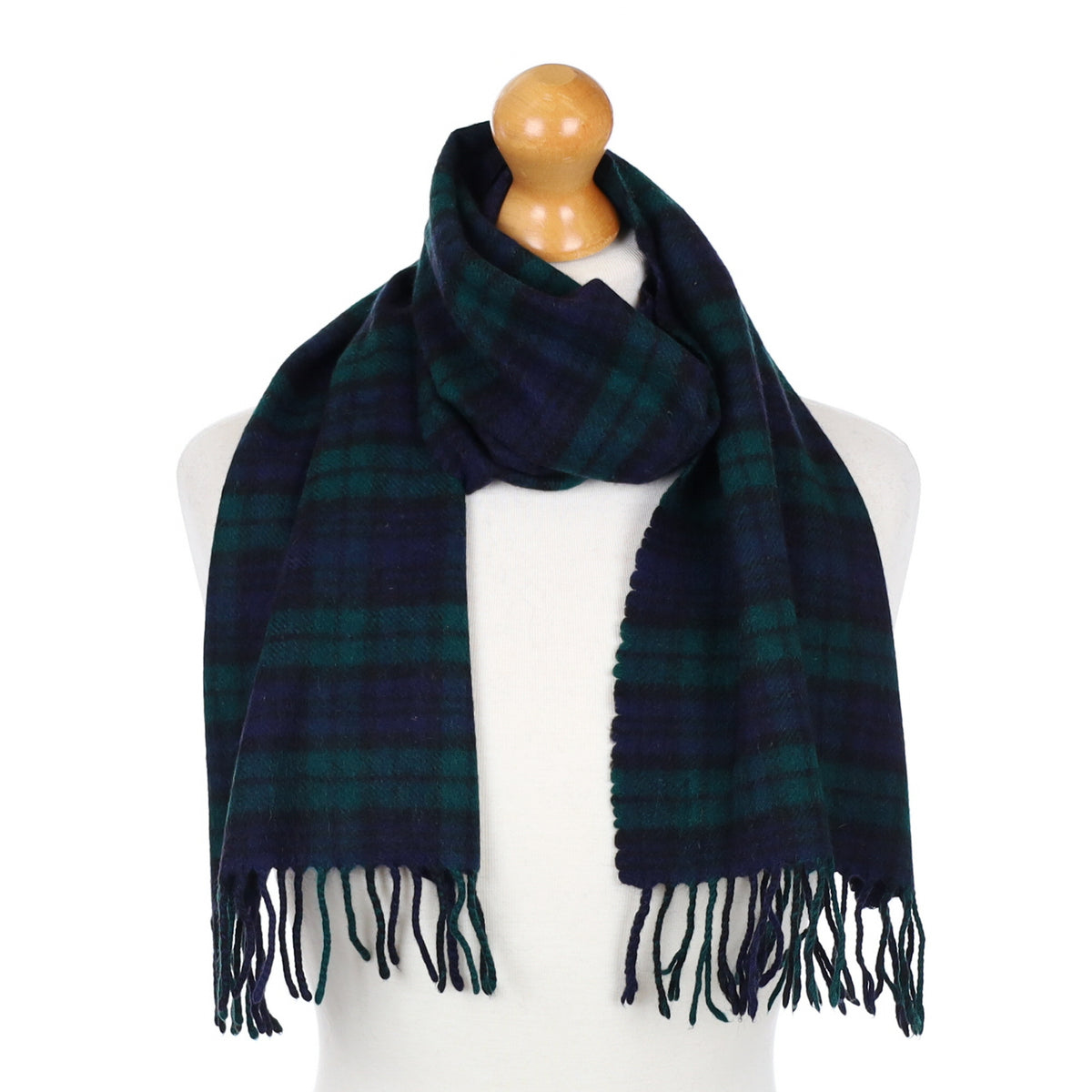Navy and Green Tartan Fringed Cashmere Woven Scarf