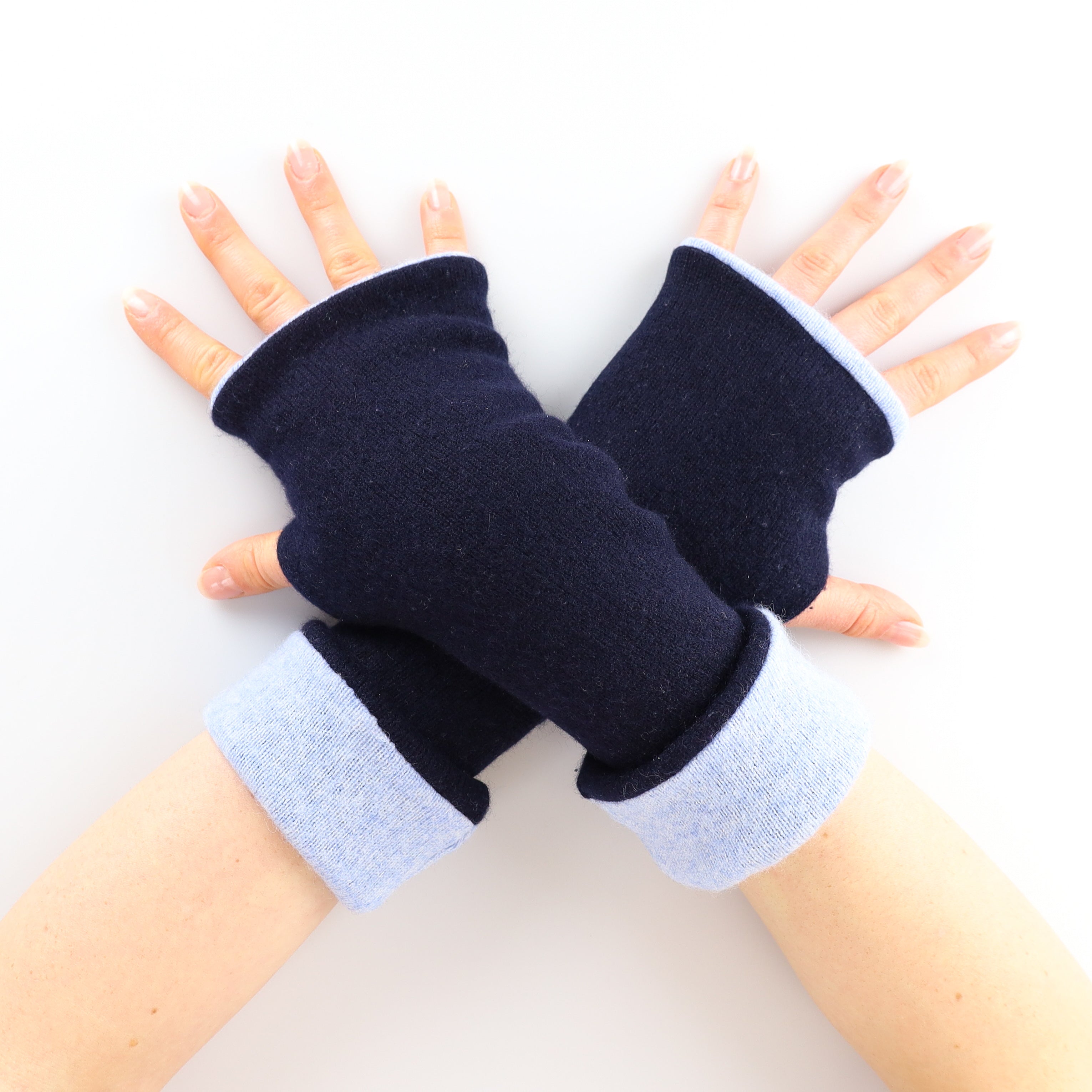 Dark Navy and Sky Blue Reversible Cashmere Fingerless Gloves