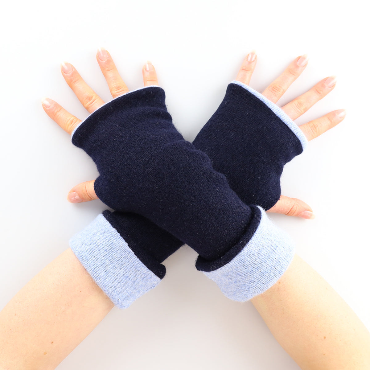 Dark Navy and Sky Blue Reversible Cashmere Fingerless Gloves