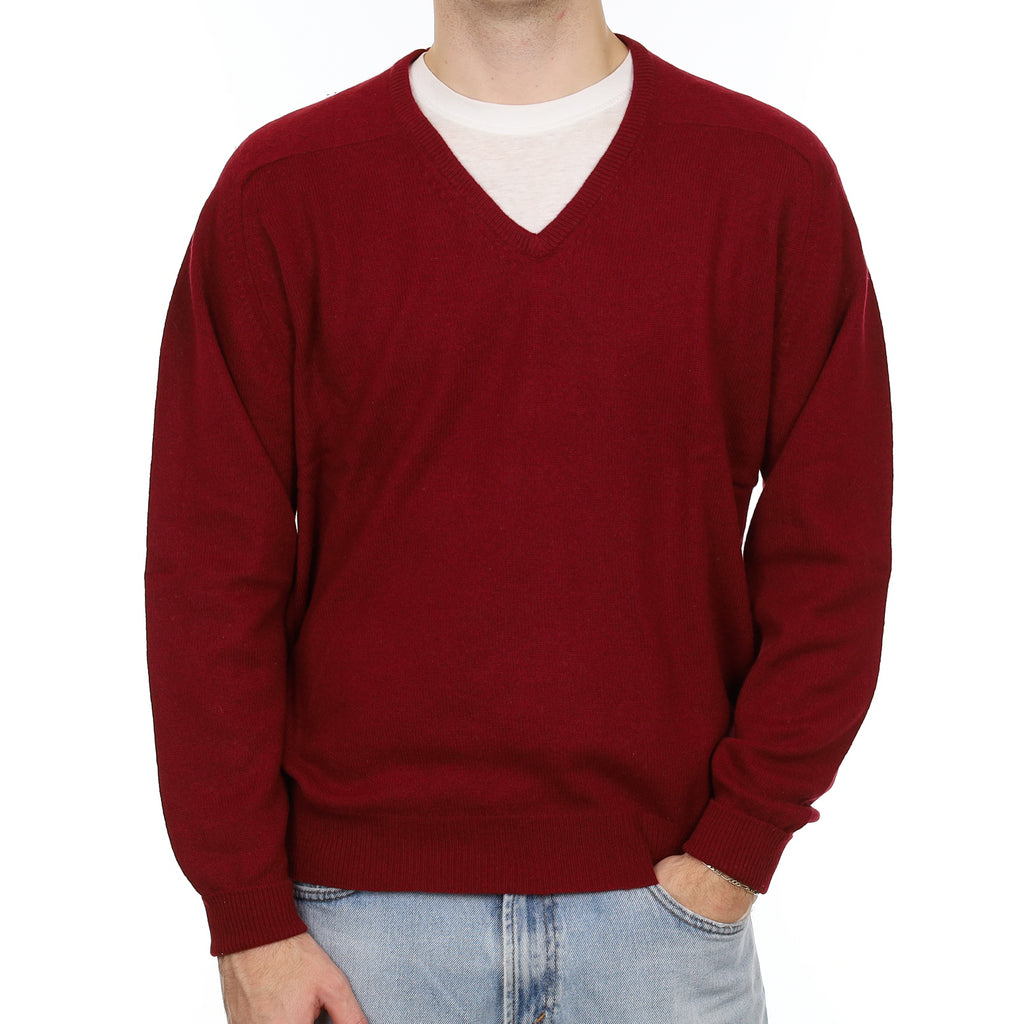 Men's Garnet Red Cashmere V Neck Jumper Large
