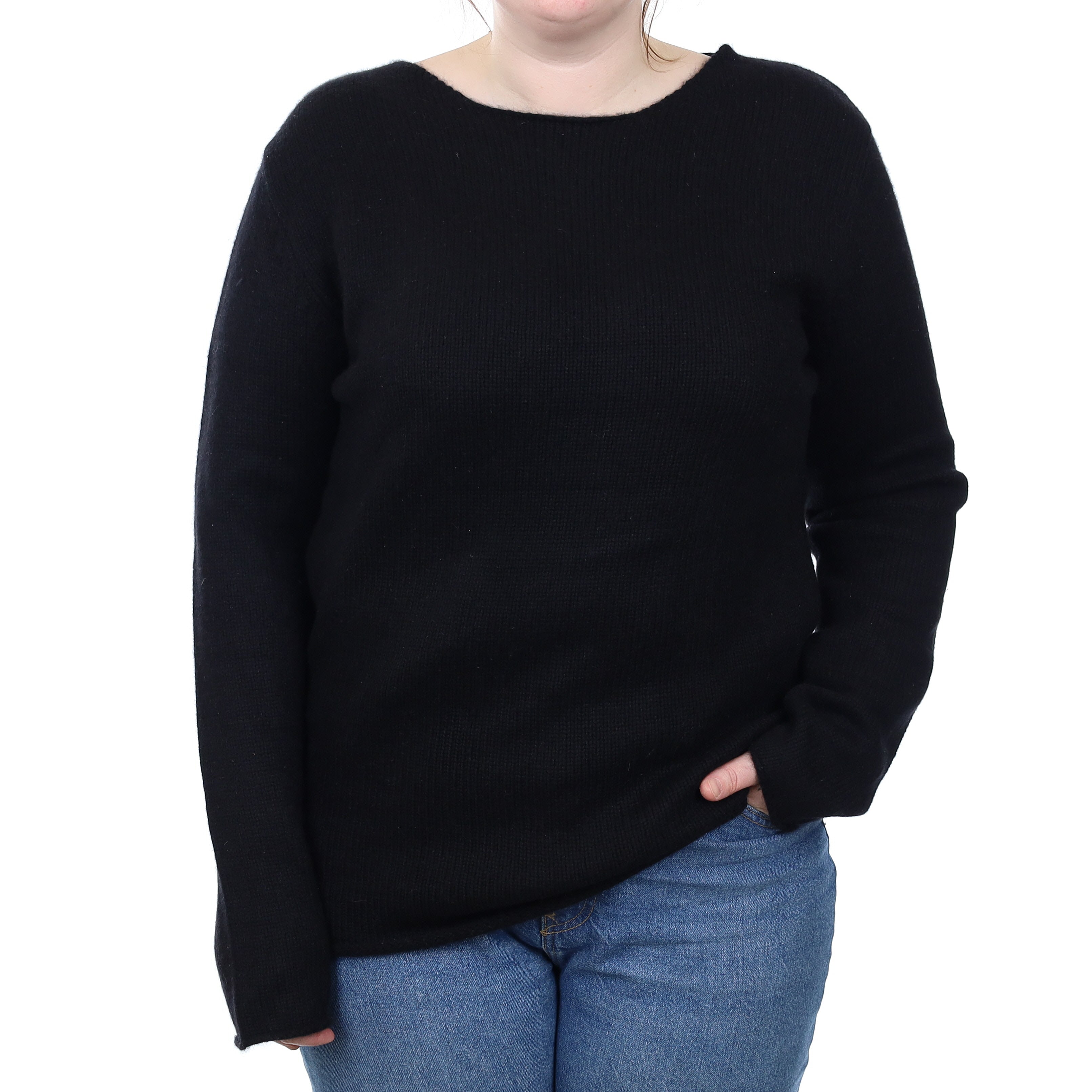 Black Chunky Knit Cashmere Longline Crew Neck Jumper Large