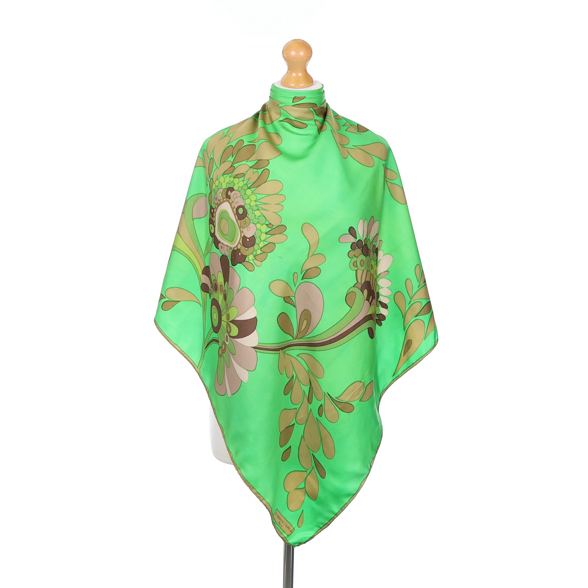 1970’s Bianchini Ferier Neon Green Floral Vintage Silk Scarf