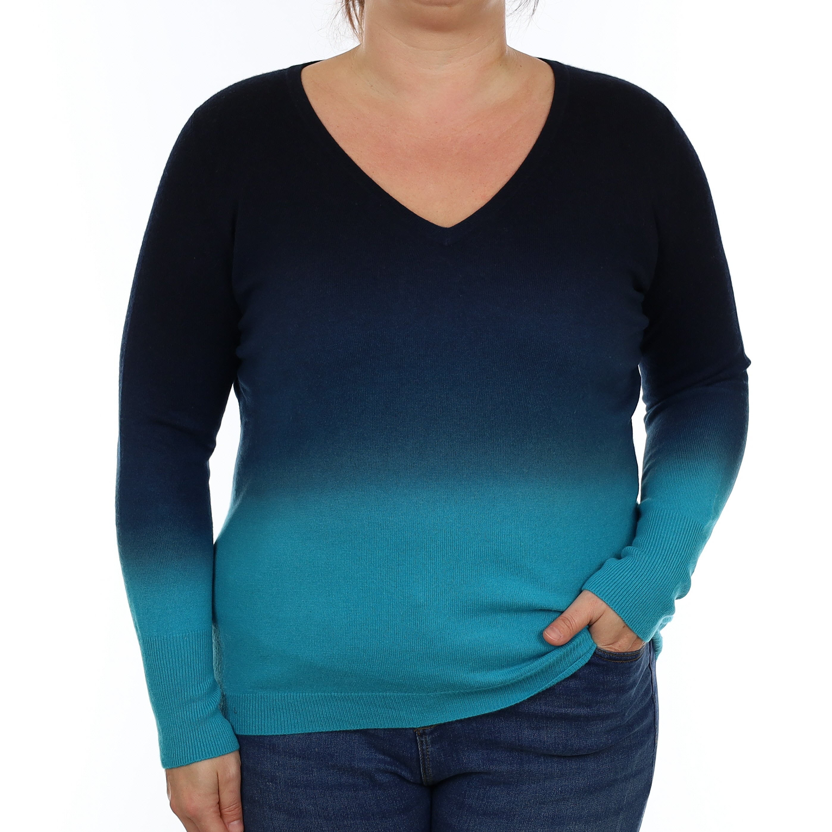 Turquoise and Navy Ombré Cashmere V Neck Jumper Large