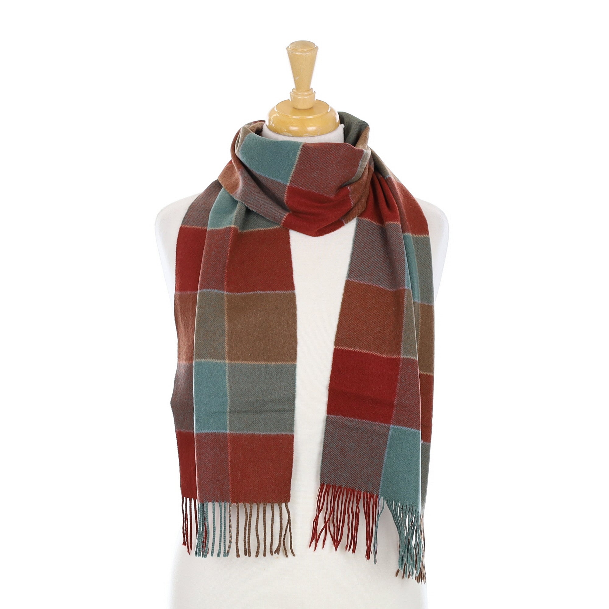 Rust and Sea Foam Check Woven Cashmere Scarf