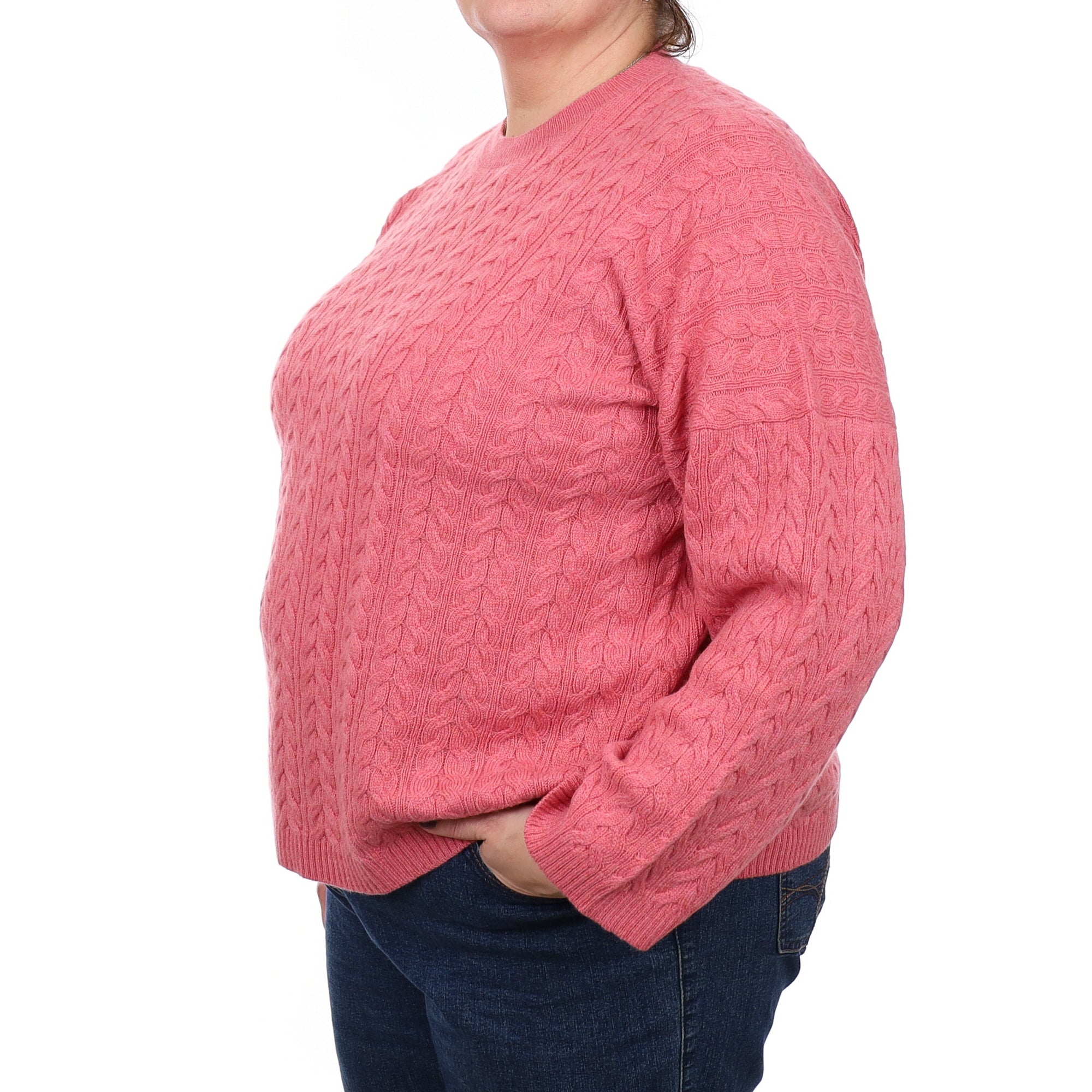 Brand New Scottish Loganberry Pink Chunky Cashmere Crew Neck Cable Knit Jumper Extra Large