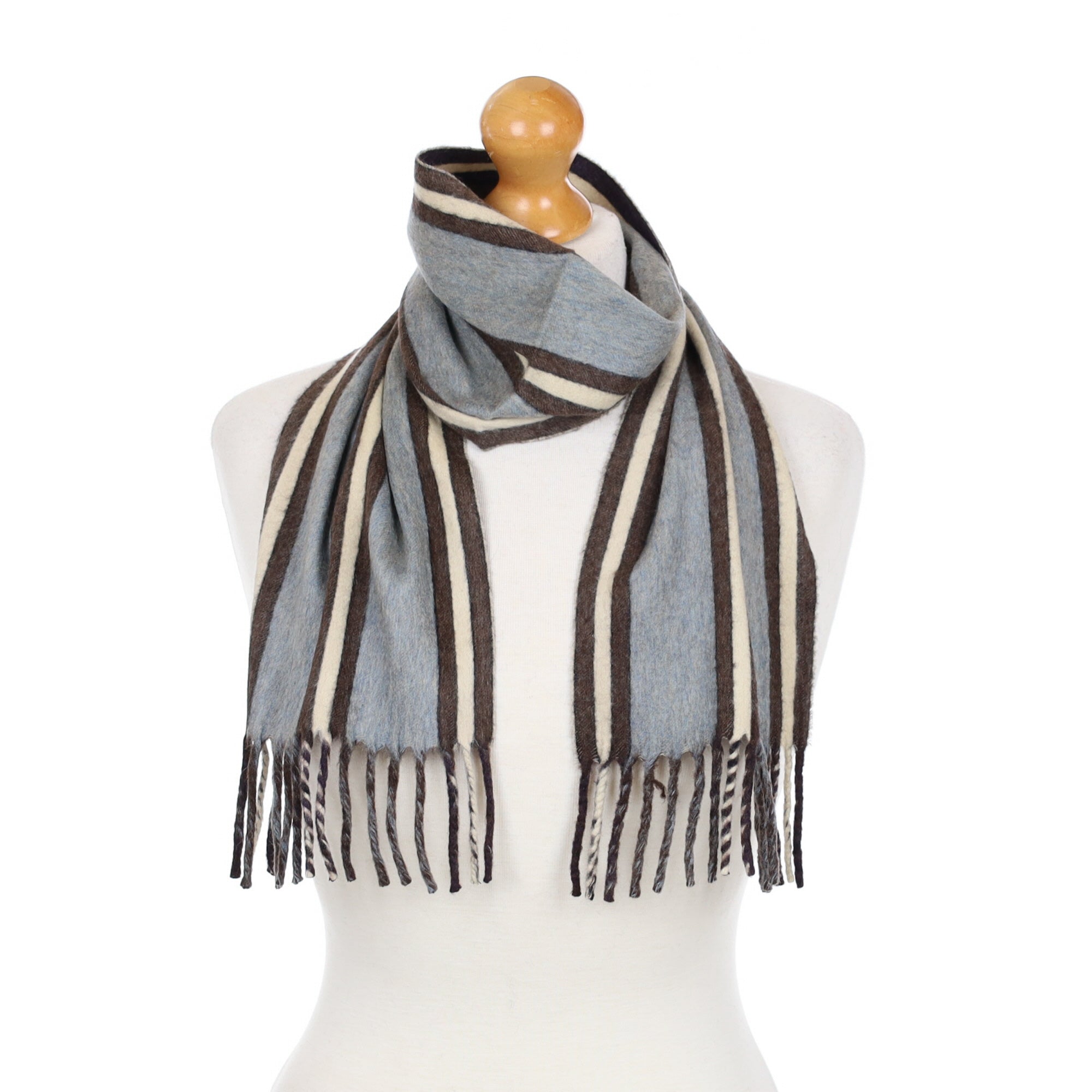 Paul Smith Brown Blue Stripe Cashmere Fringed Woven Scarf