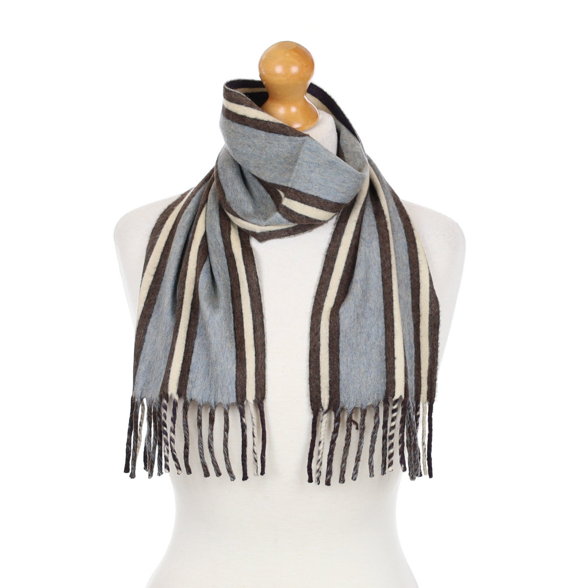 Paul Smith Brown Blue Stripe Cashmere Fringed Woven Scarf