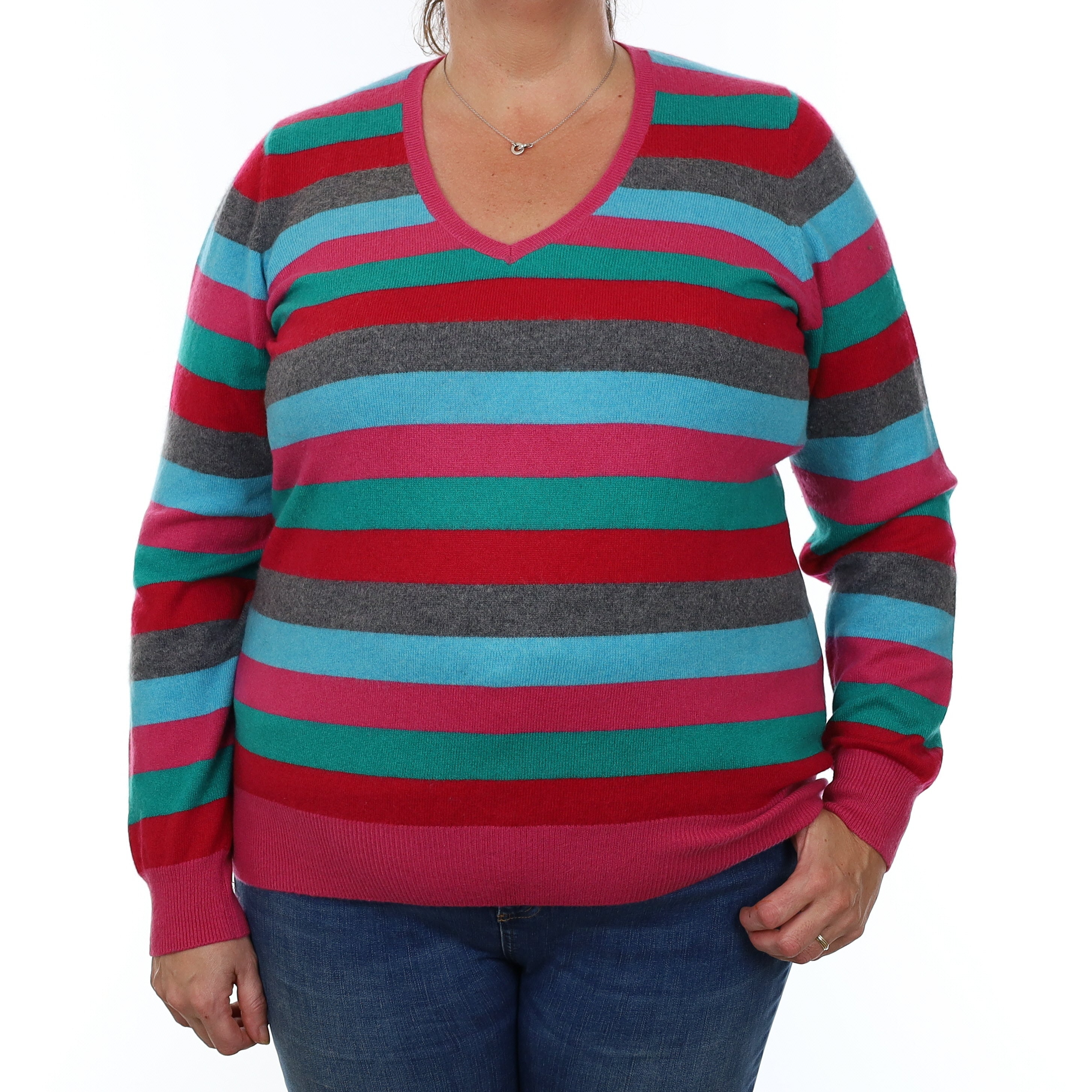 Multicolour Striped Cashmere V Neck Jumper Extra Large