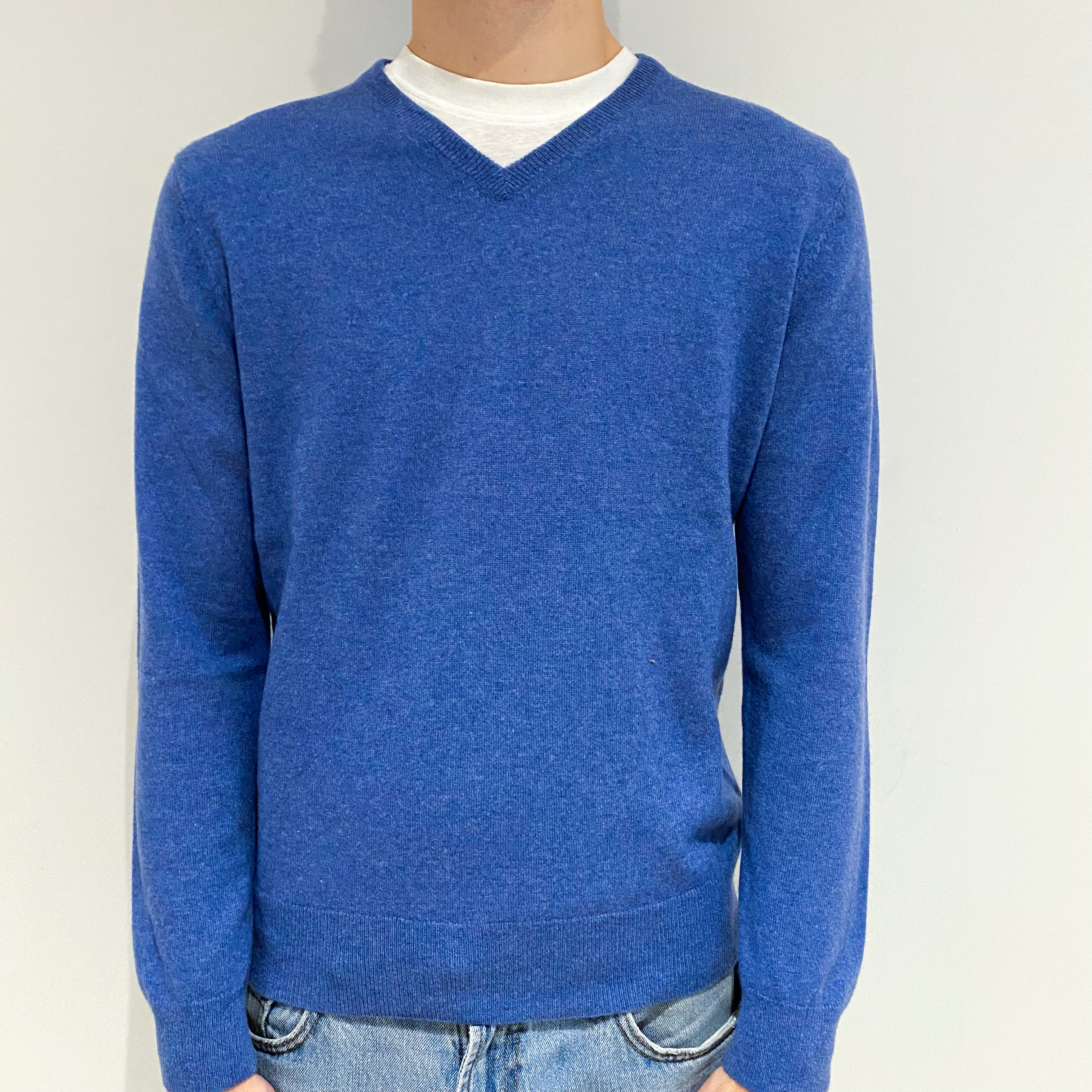 Men's Denim Blue Cashmere V-Neck Jumper Large