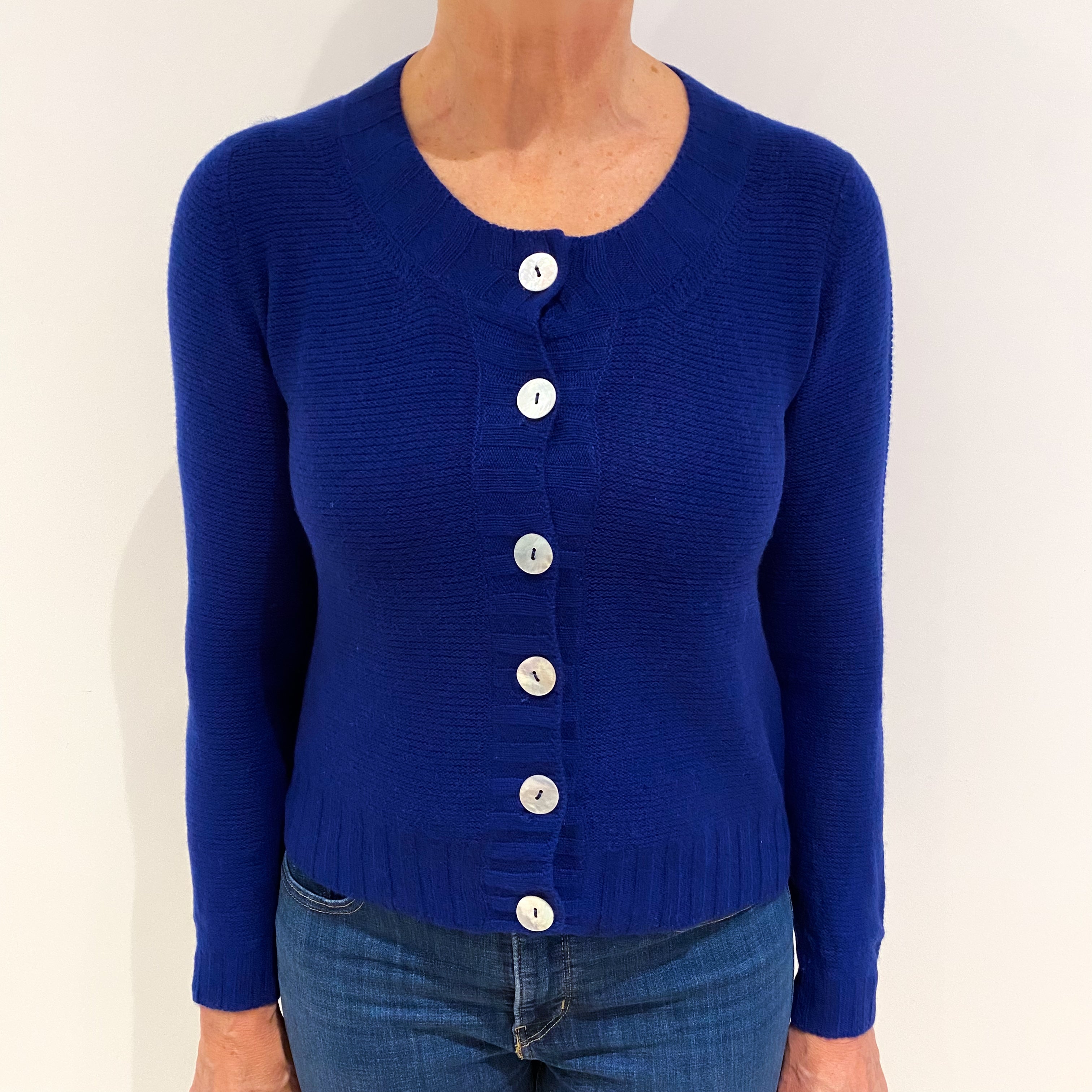 Admiral Blue Textured Cashmere Crew Neck Cardigan Medium