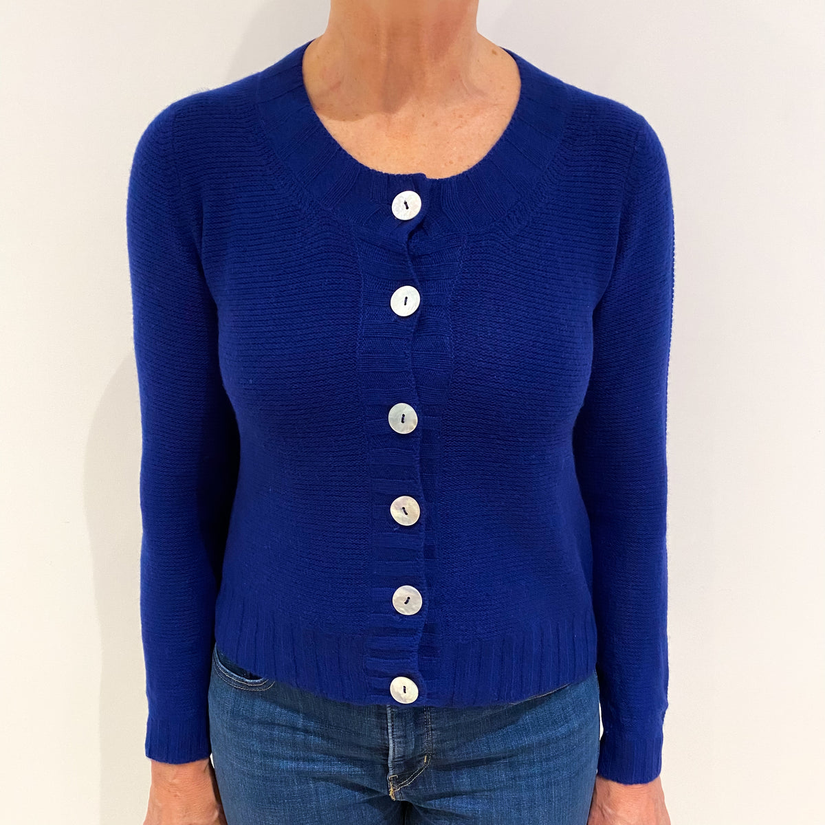 Admiral Blue Textured Cashmere Crew Neck Cardigan Medium