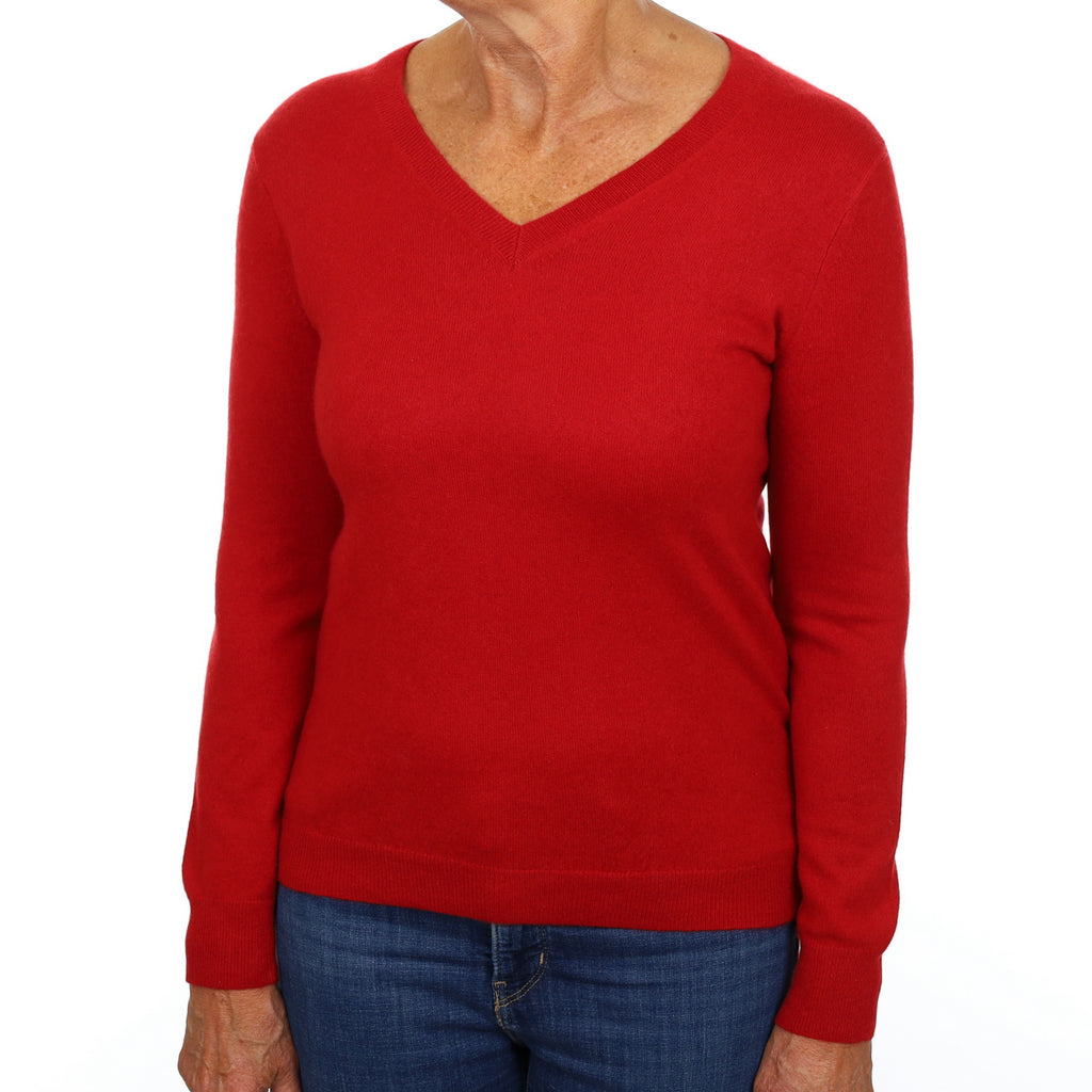 Scarlet Red Cashmere V Neck Jumper Medium