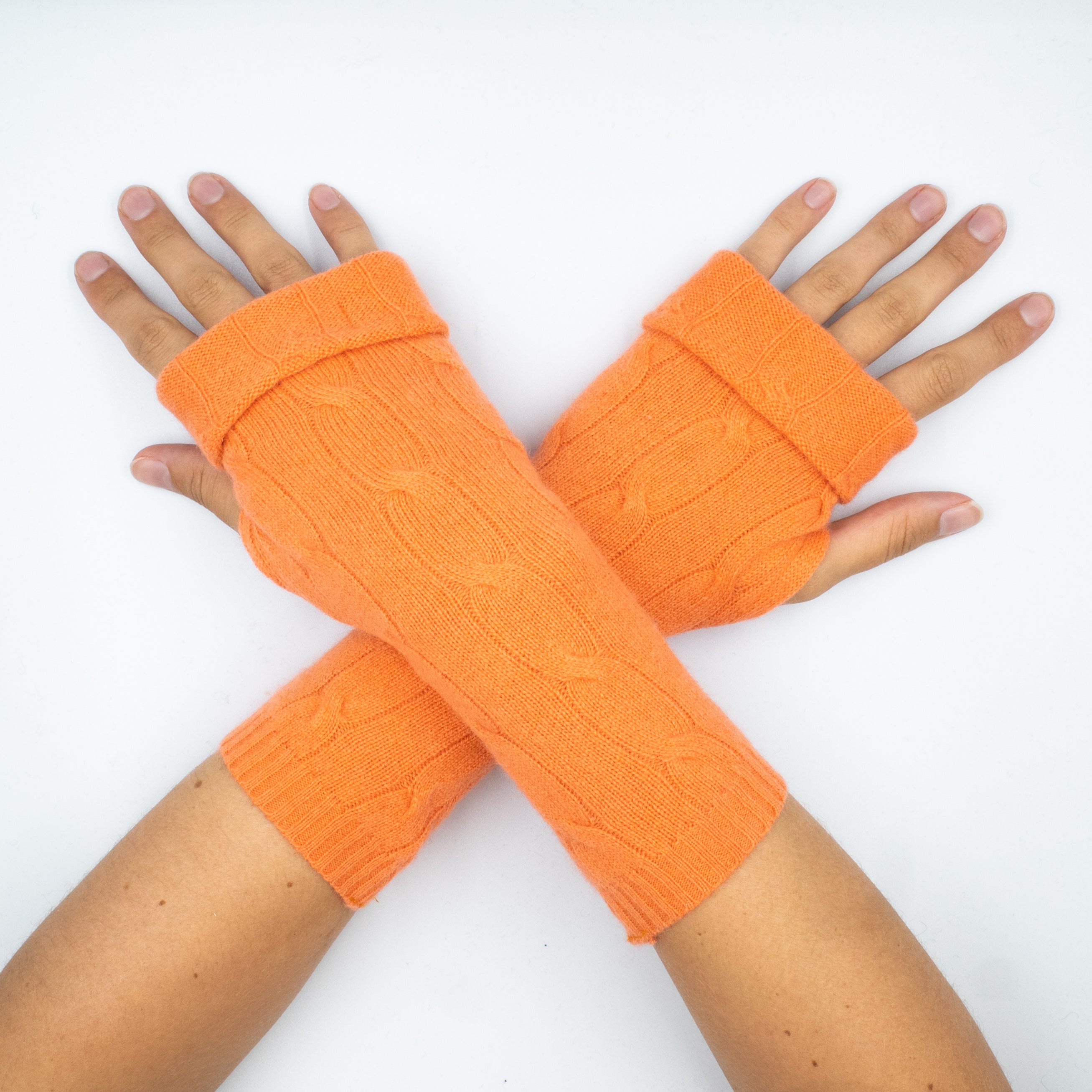 Sunset Orange Cable Cashmere Fingerless Gloves