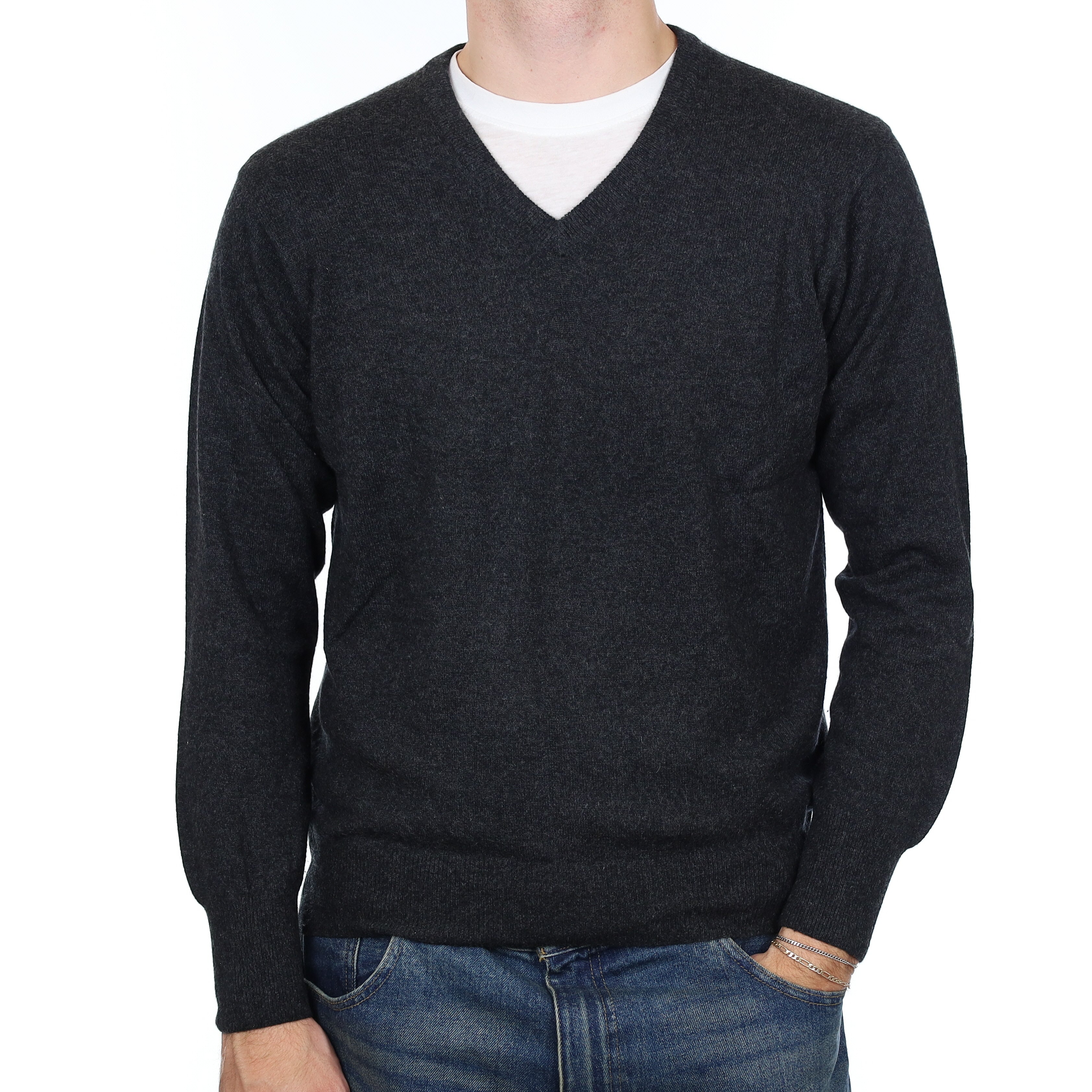 Men’s Charcoal Grey Cashmere V Neck Jumper Medium